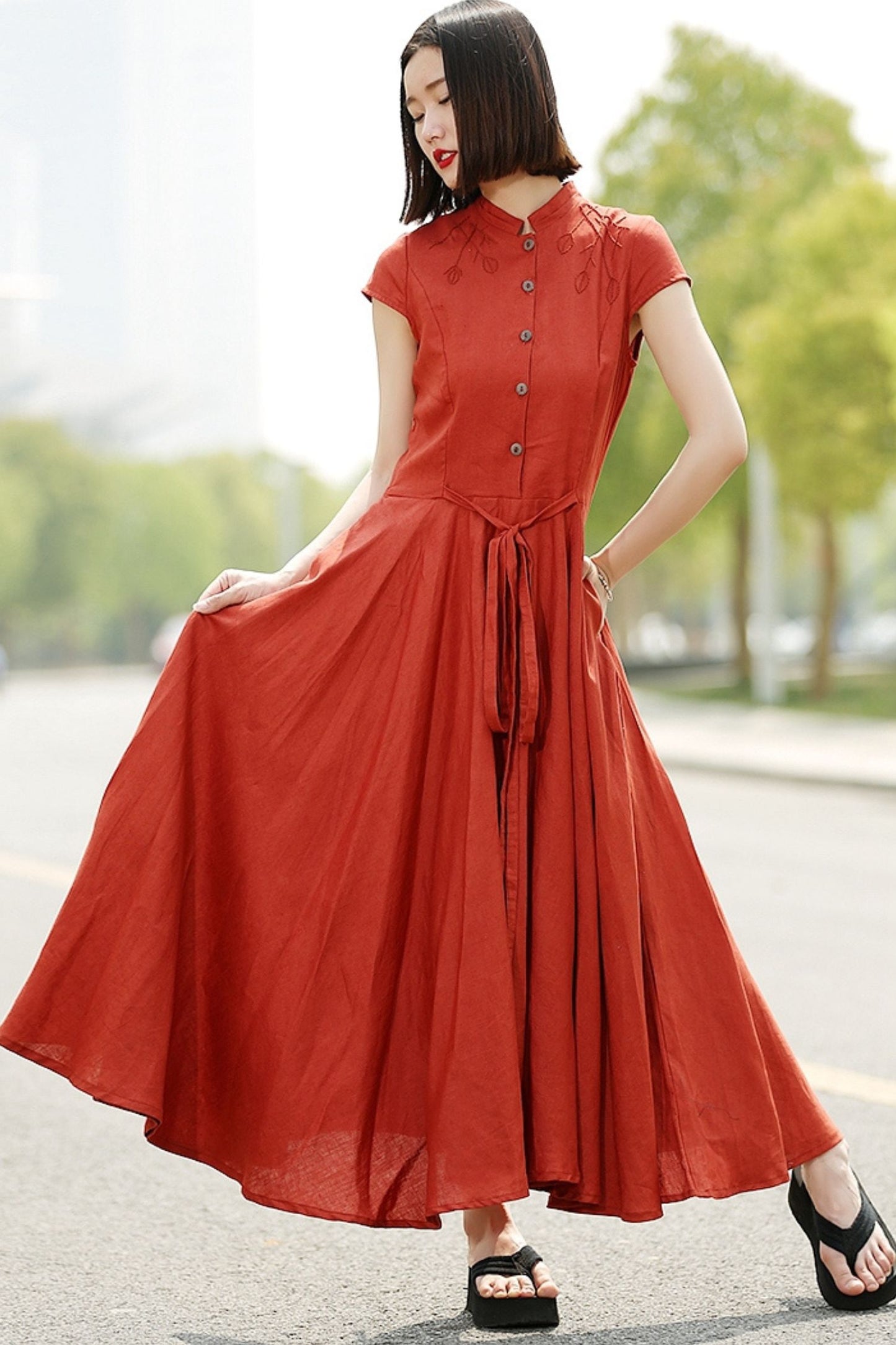 Linen maxi womens summer orange short sleeve dress C352