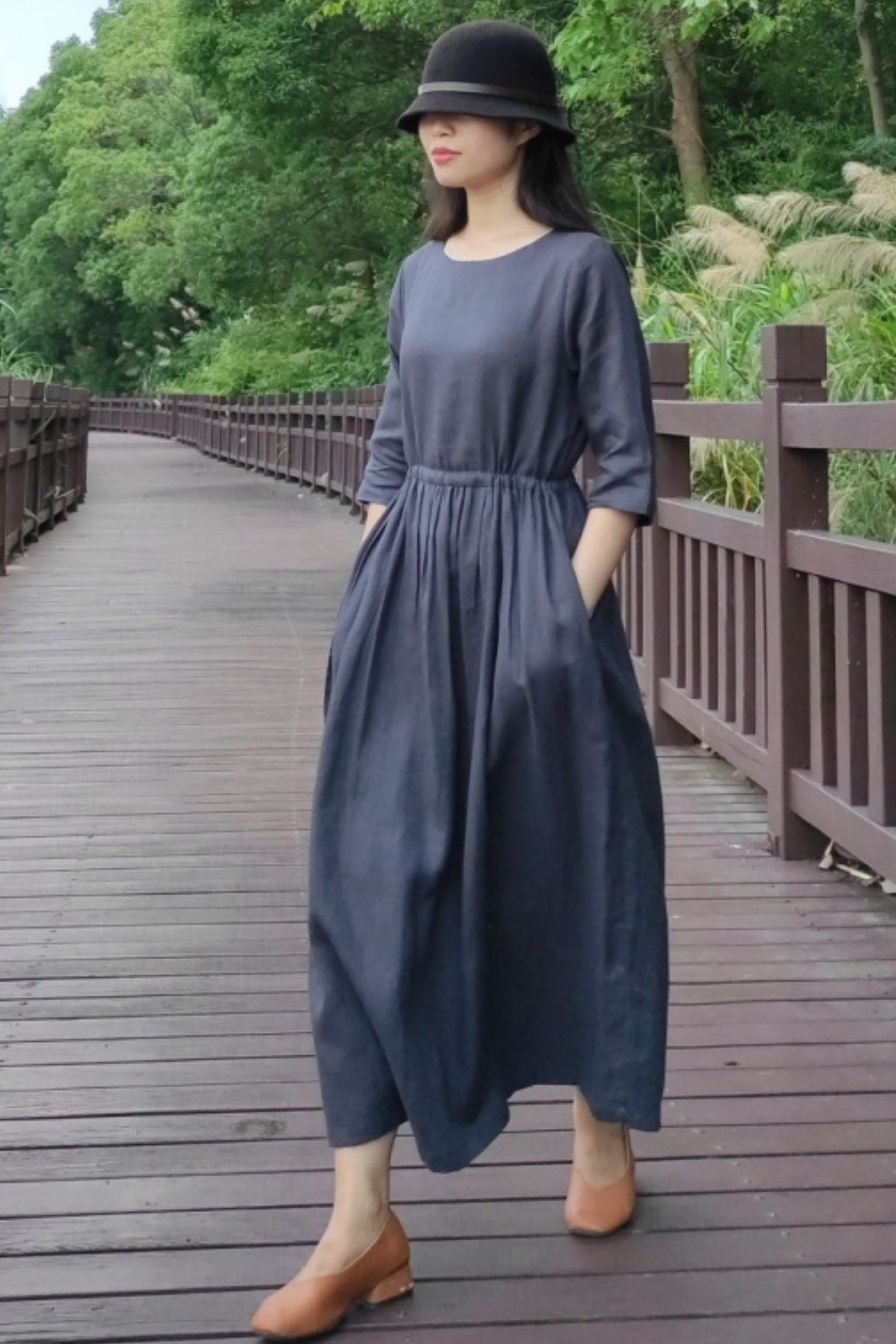 Dark grey loose drawstring a-line linen dress C3891