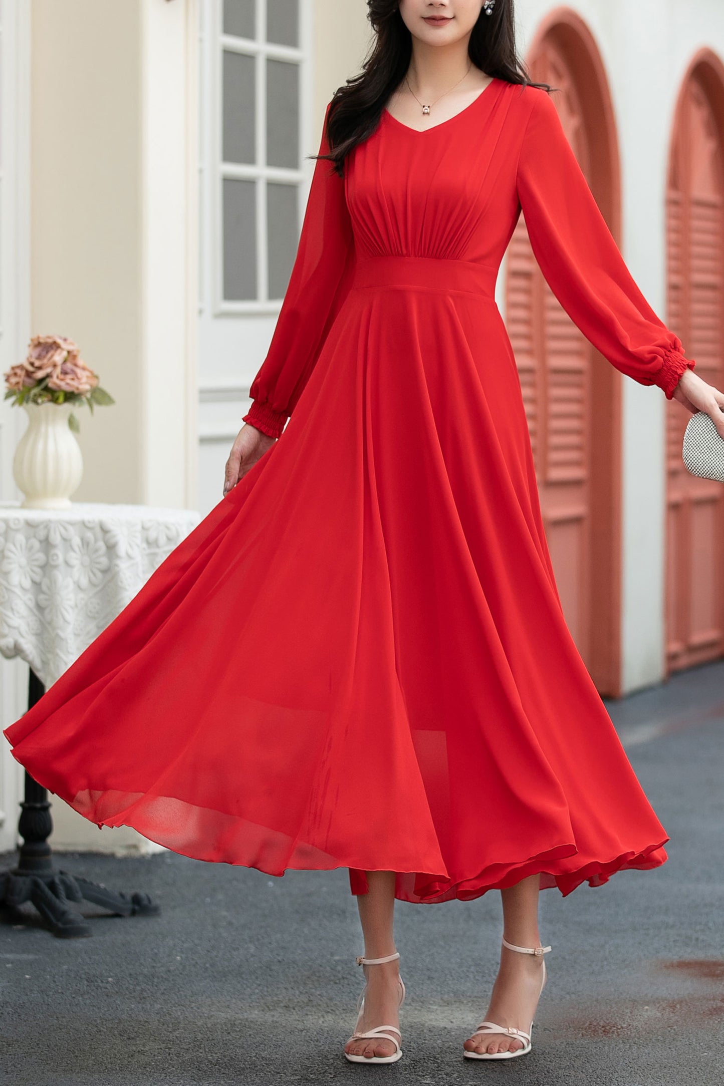 red fit and flare long chiffon dress C5039