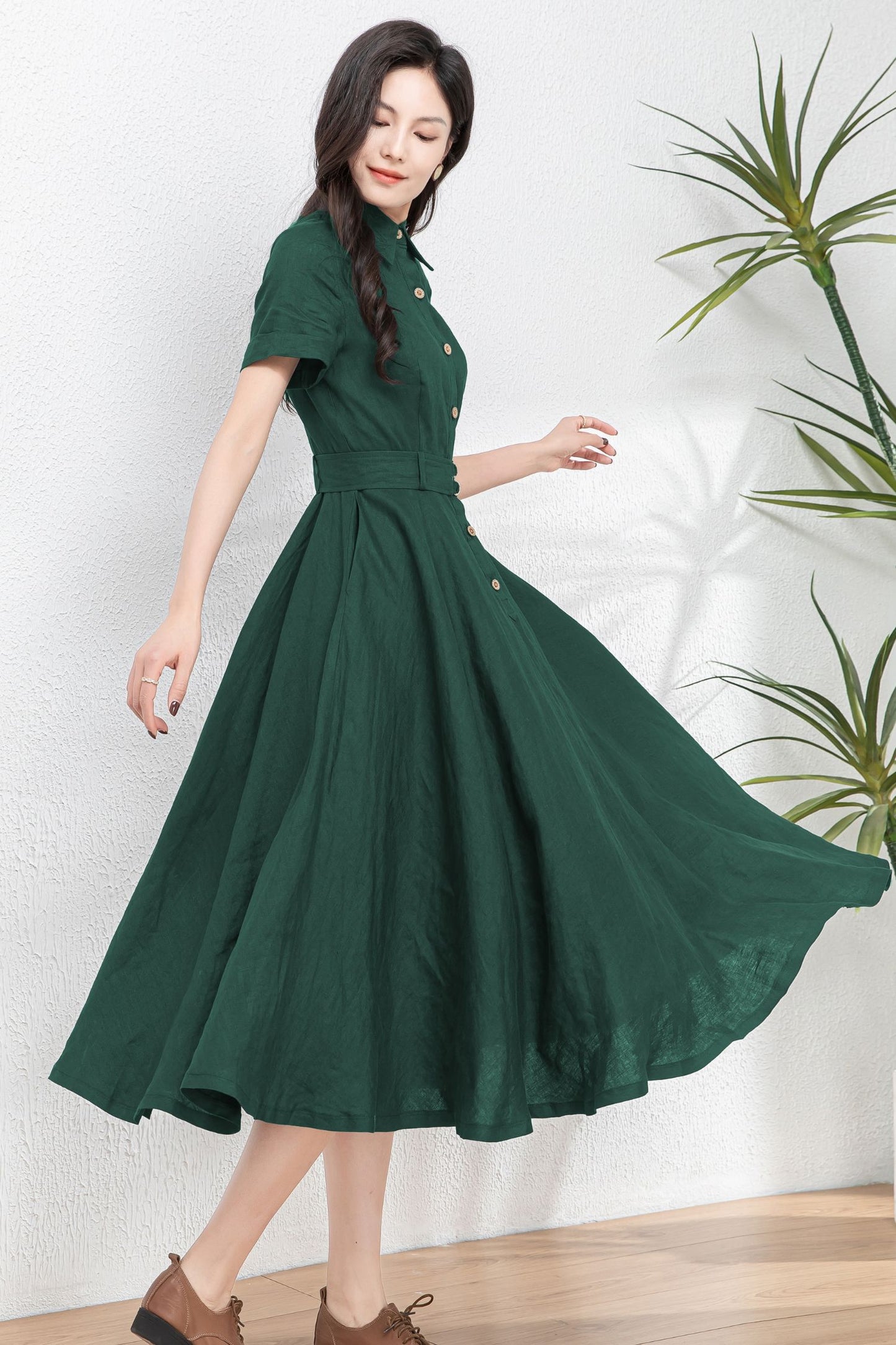 Dark Green Midi Linen Dress c4899