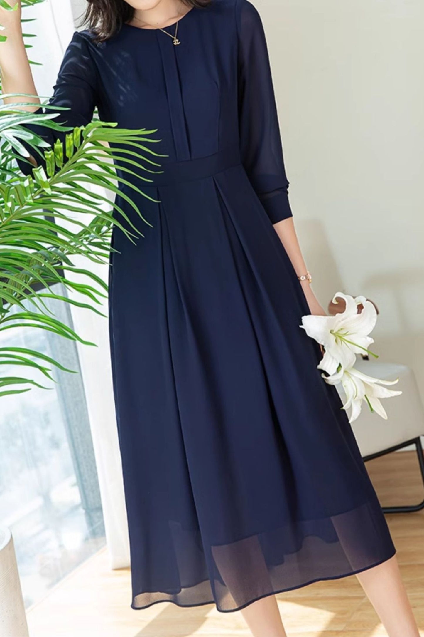 Spring and Summer Navy Blue Long Sleeve Dress C4298