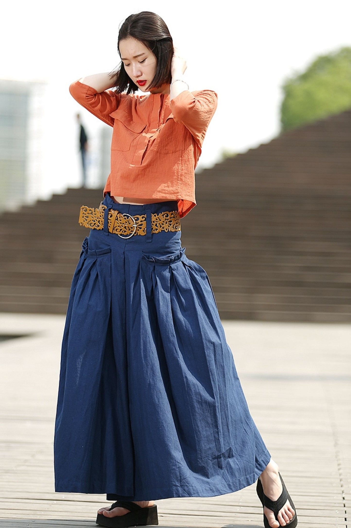 Blue Linen Maxi Summer Skirt with Deep Waistband & Pockets C364
