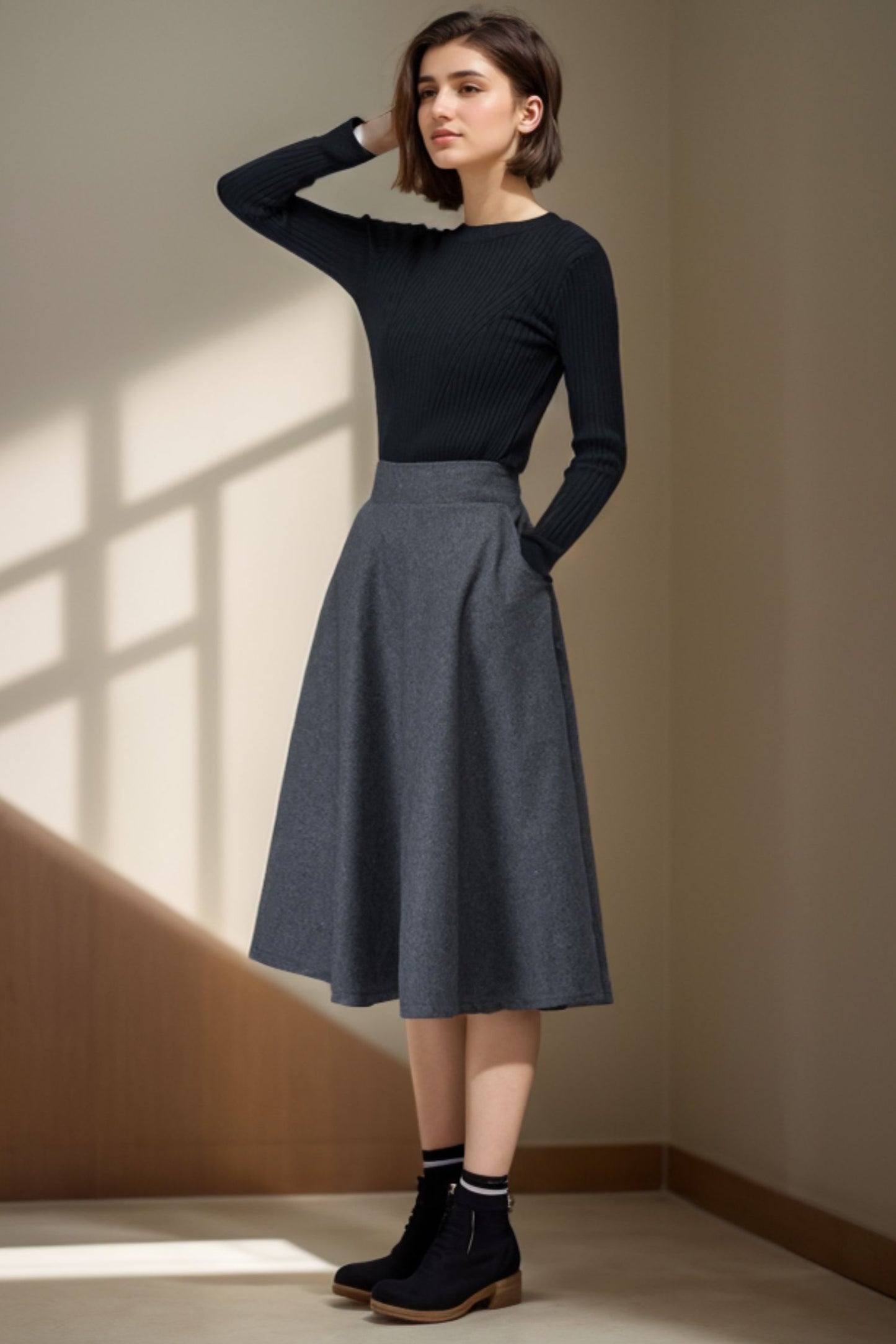 Wool midi flare swing A line elastic waist skirt C4262