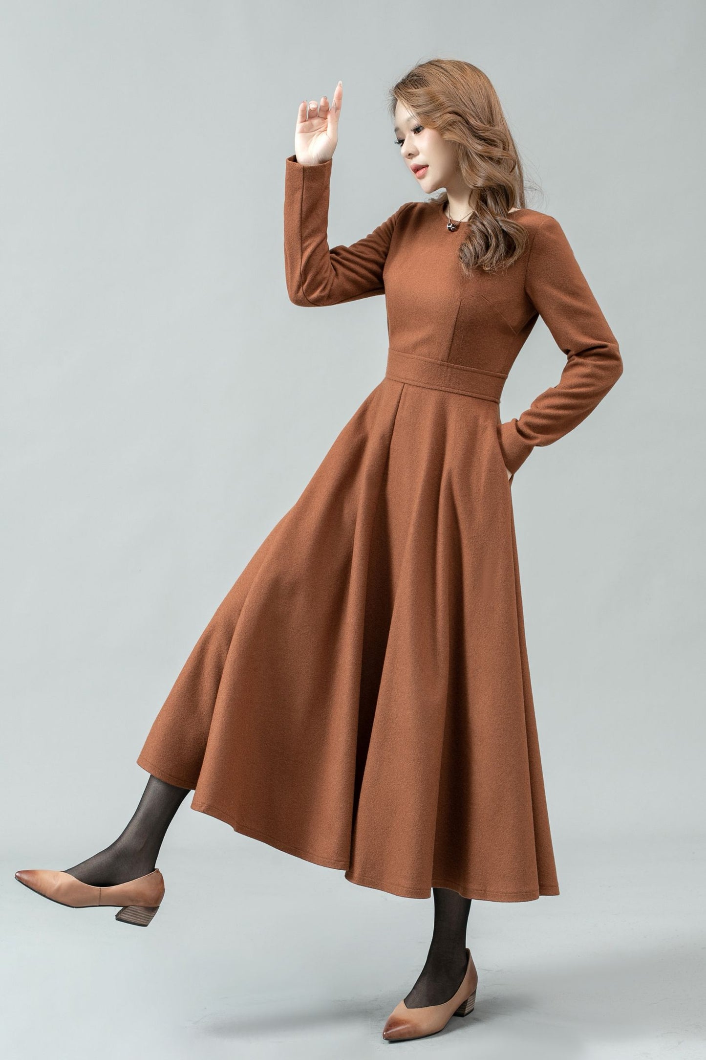 Fit and flare long winter wool dress C4447