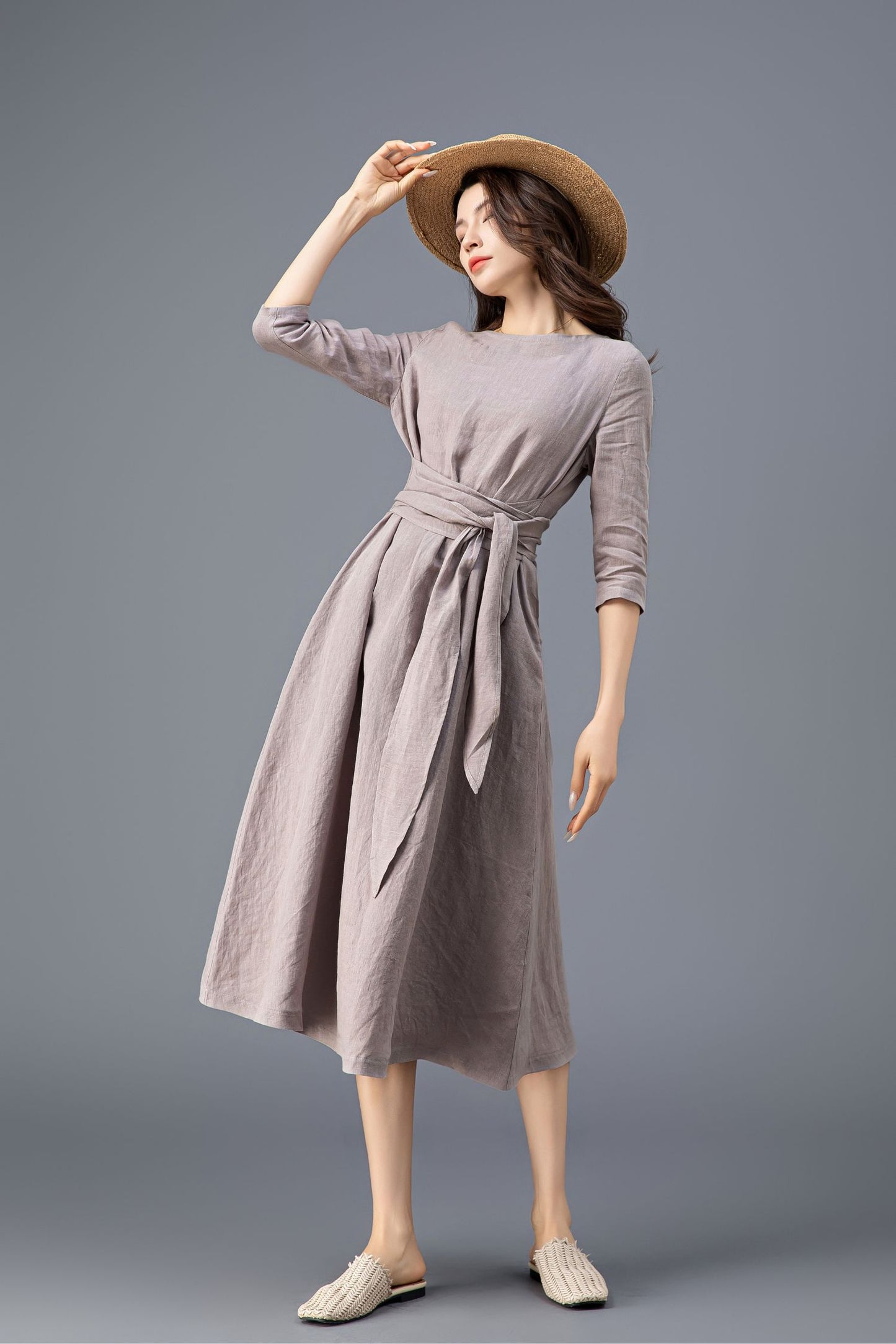 Women's Grey Linen belted Dress C3915