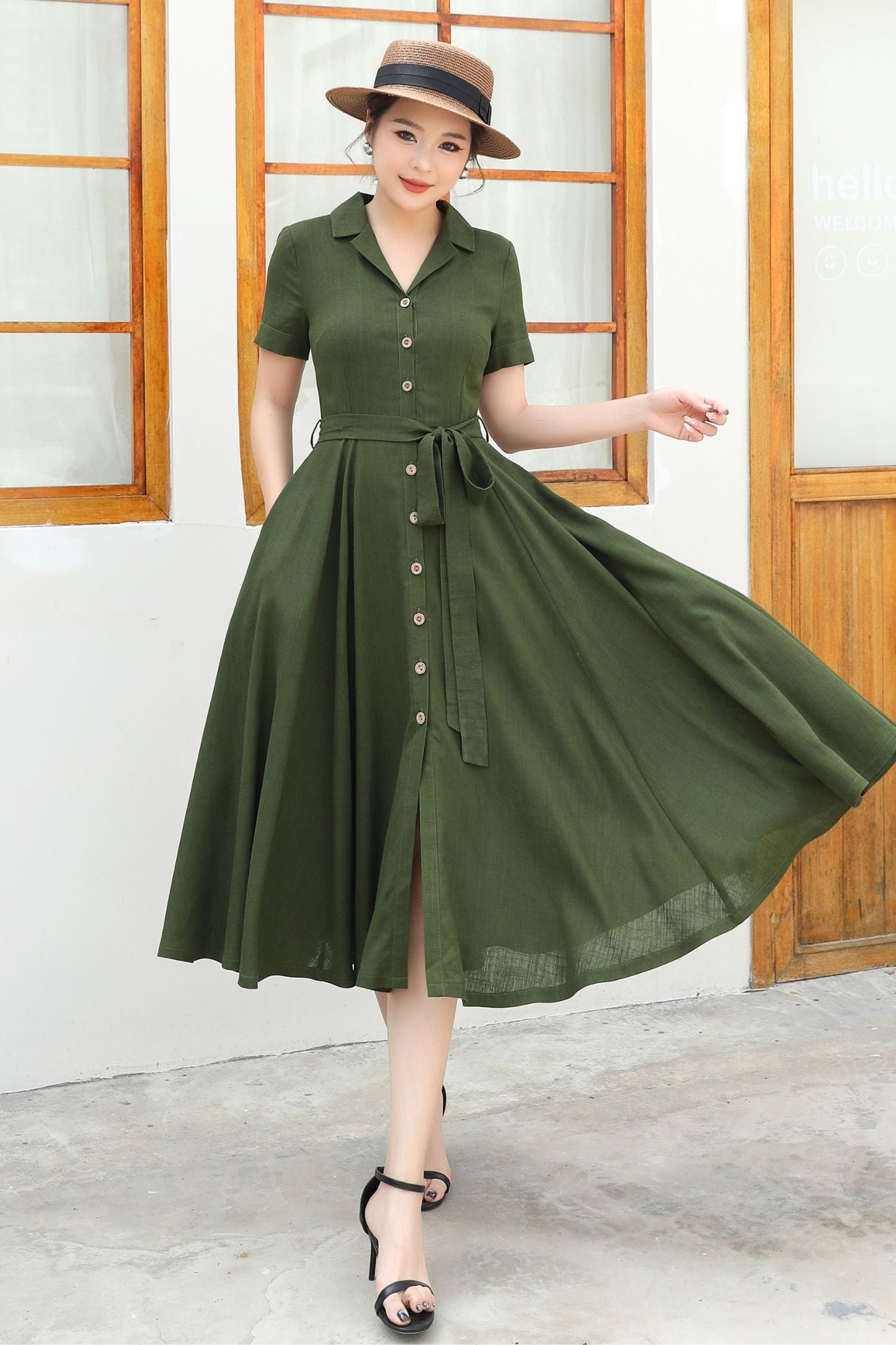 Green Linen Summer Shirt dress c4833