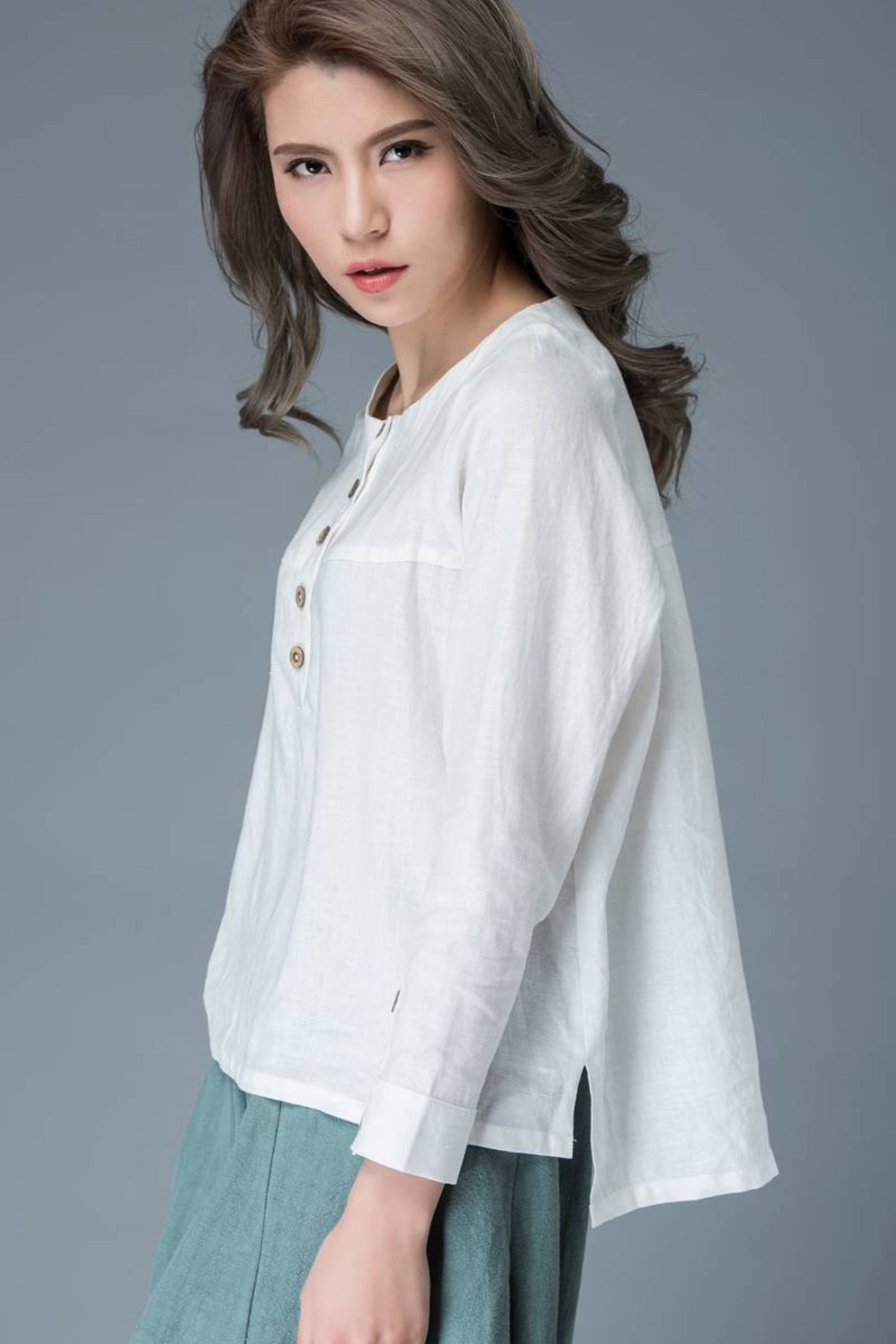 White linen causal womens long sleeves blouse C834