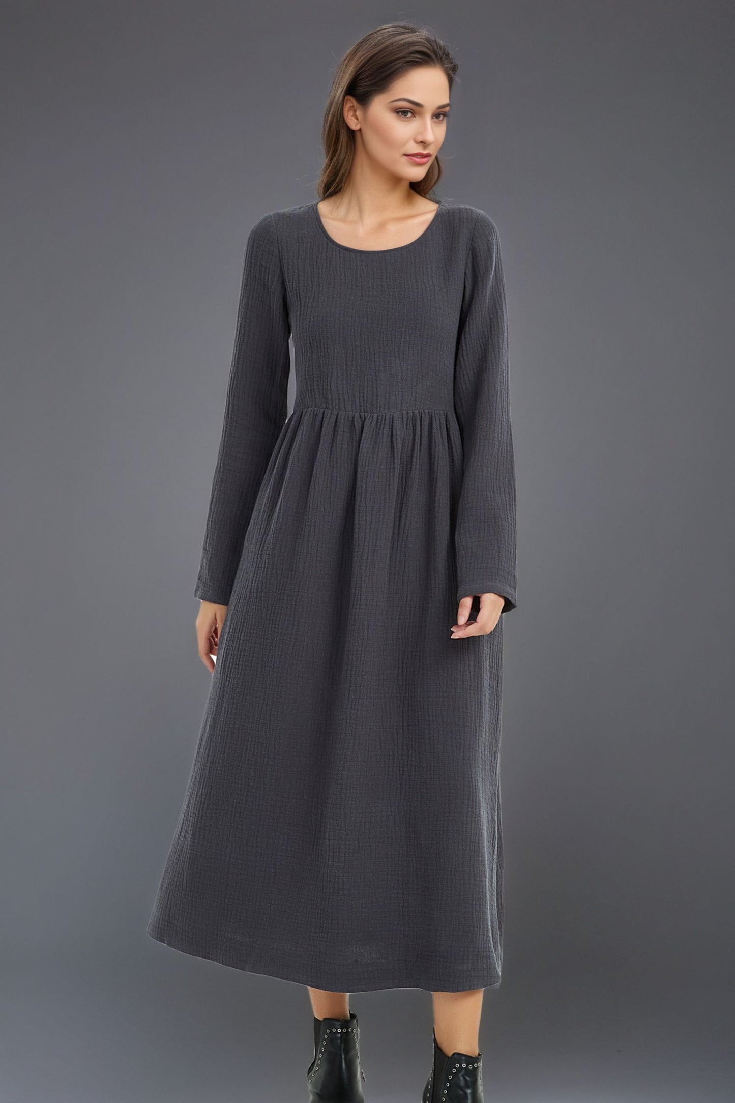 long women winter linen pockets dress C5133