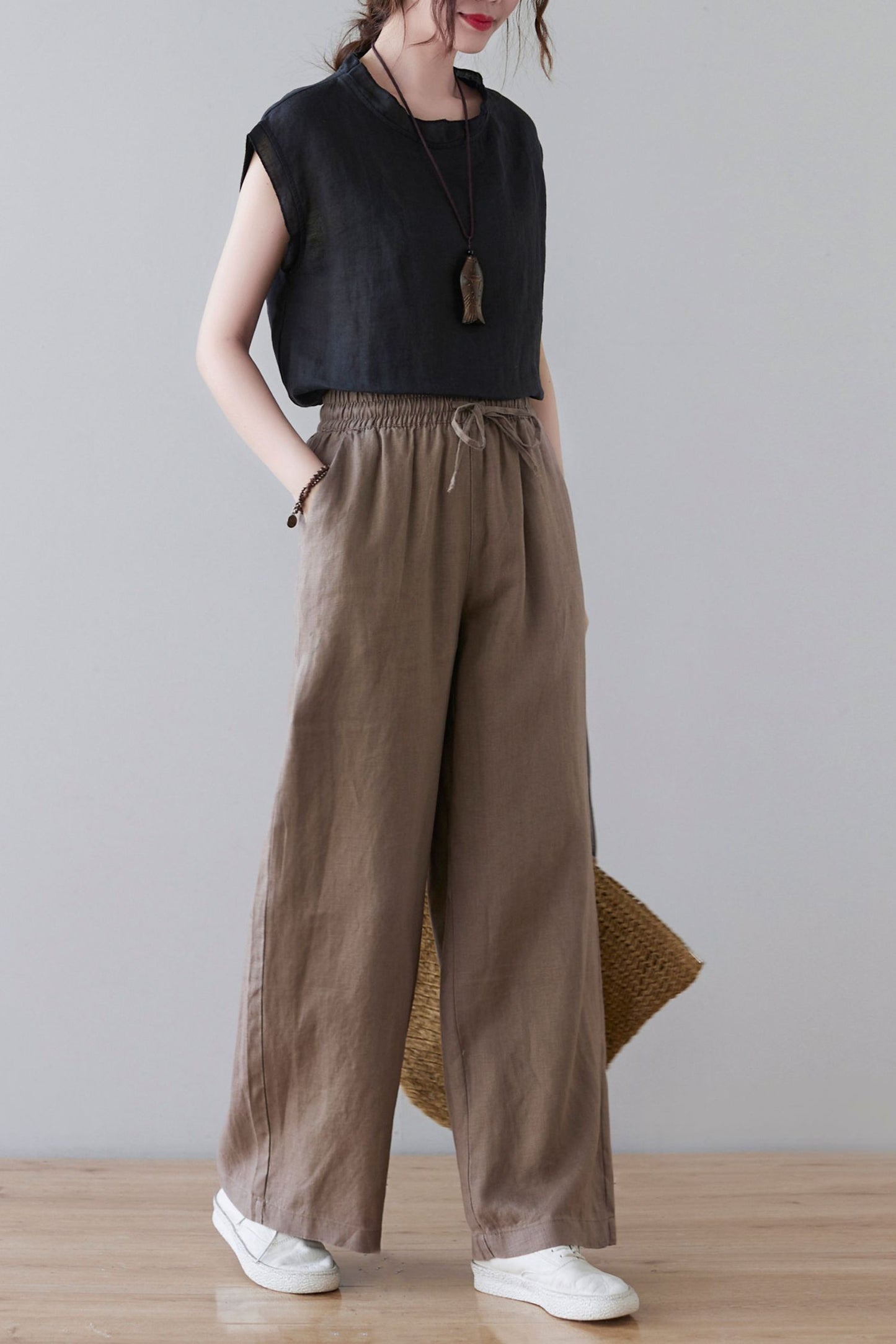 Elastic waist wide leg linen pants for women C2133