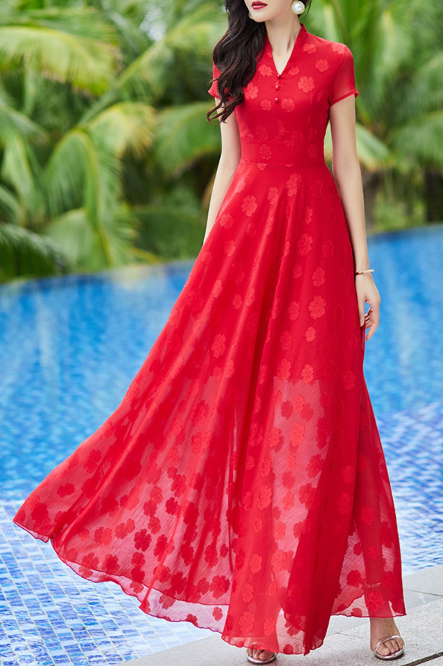 Red chiffon dress long C4065