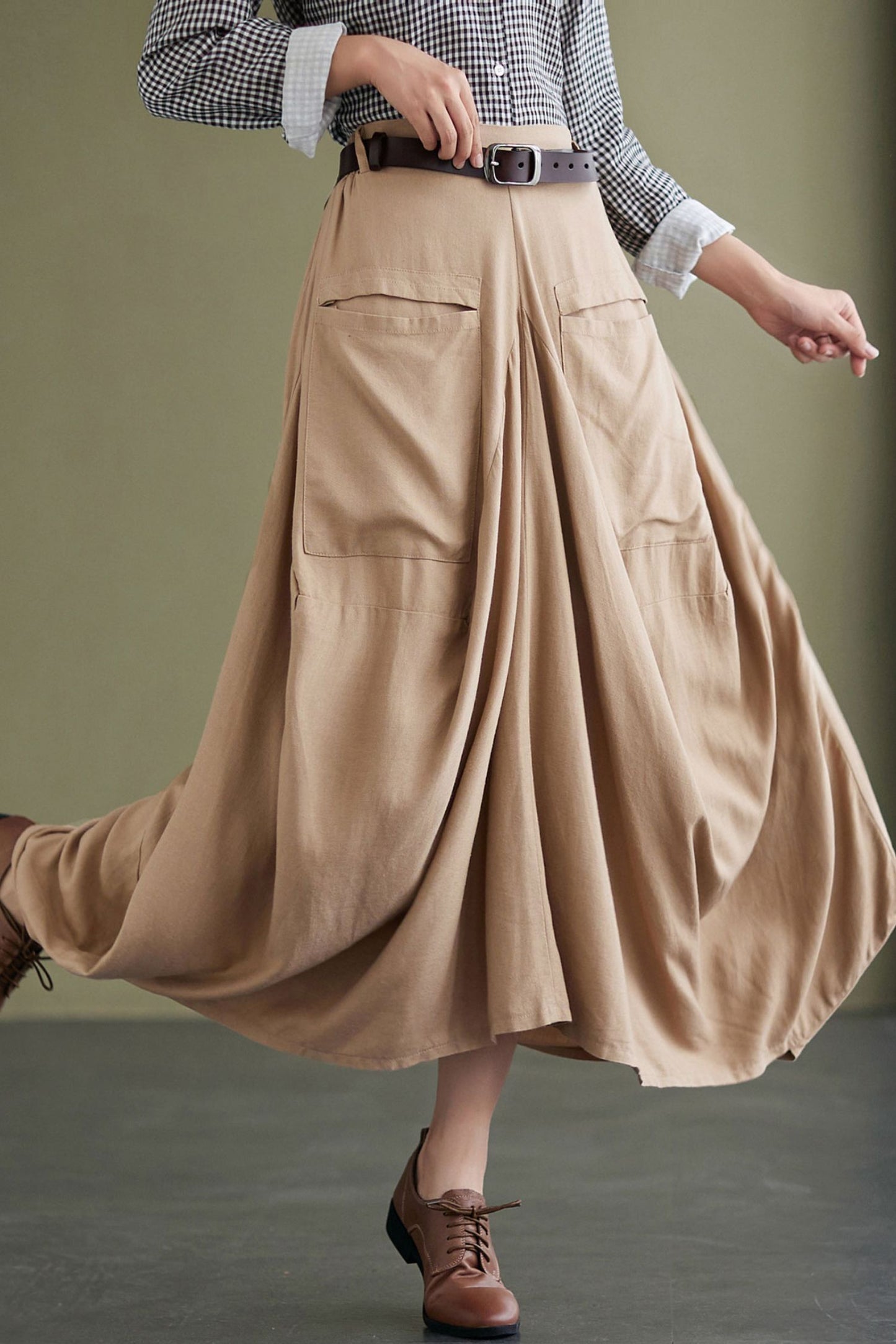 Khaki Asymmetric Linen skirt C2423