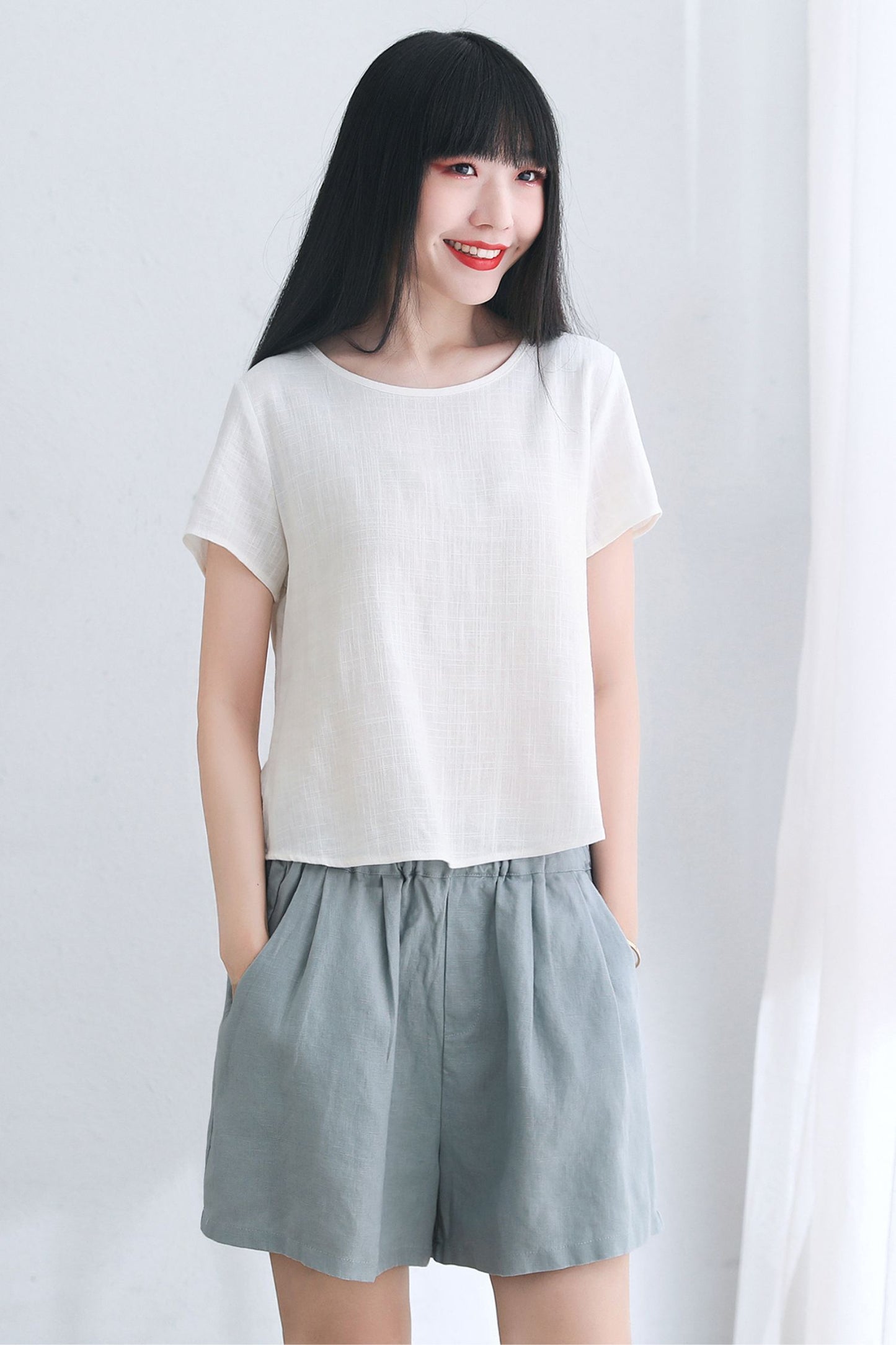 Women Short Sleeve Summer Linen Tops C2661