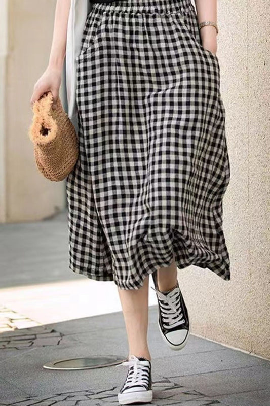 Cotton linen plaid elastic waist skirt TT0037