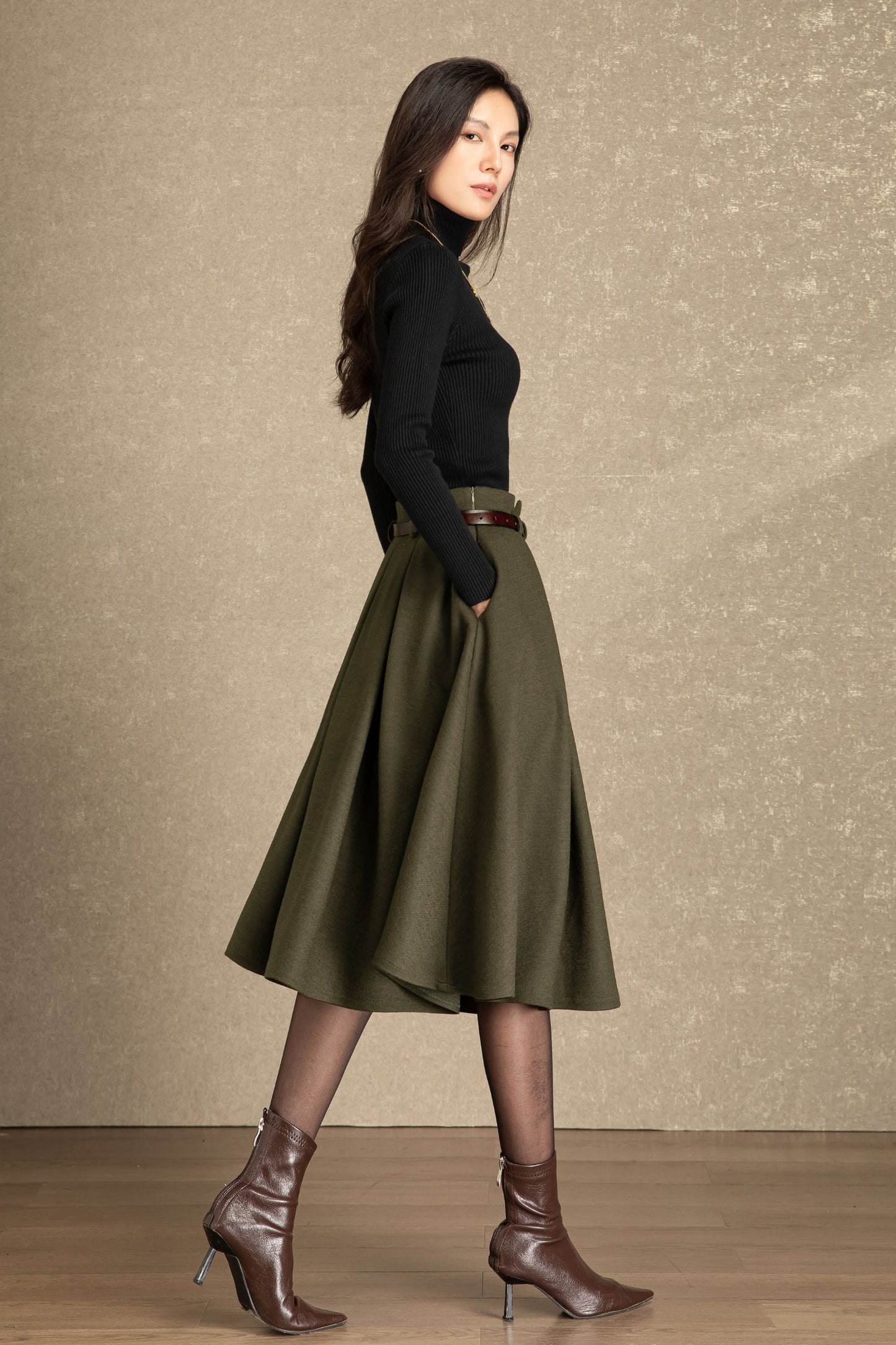 Army green pleating winter wool skirt C4486