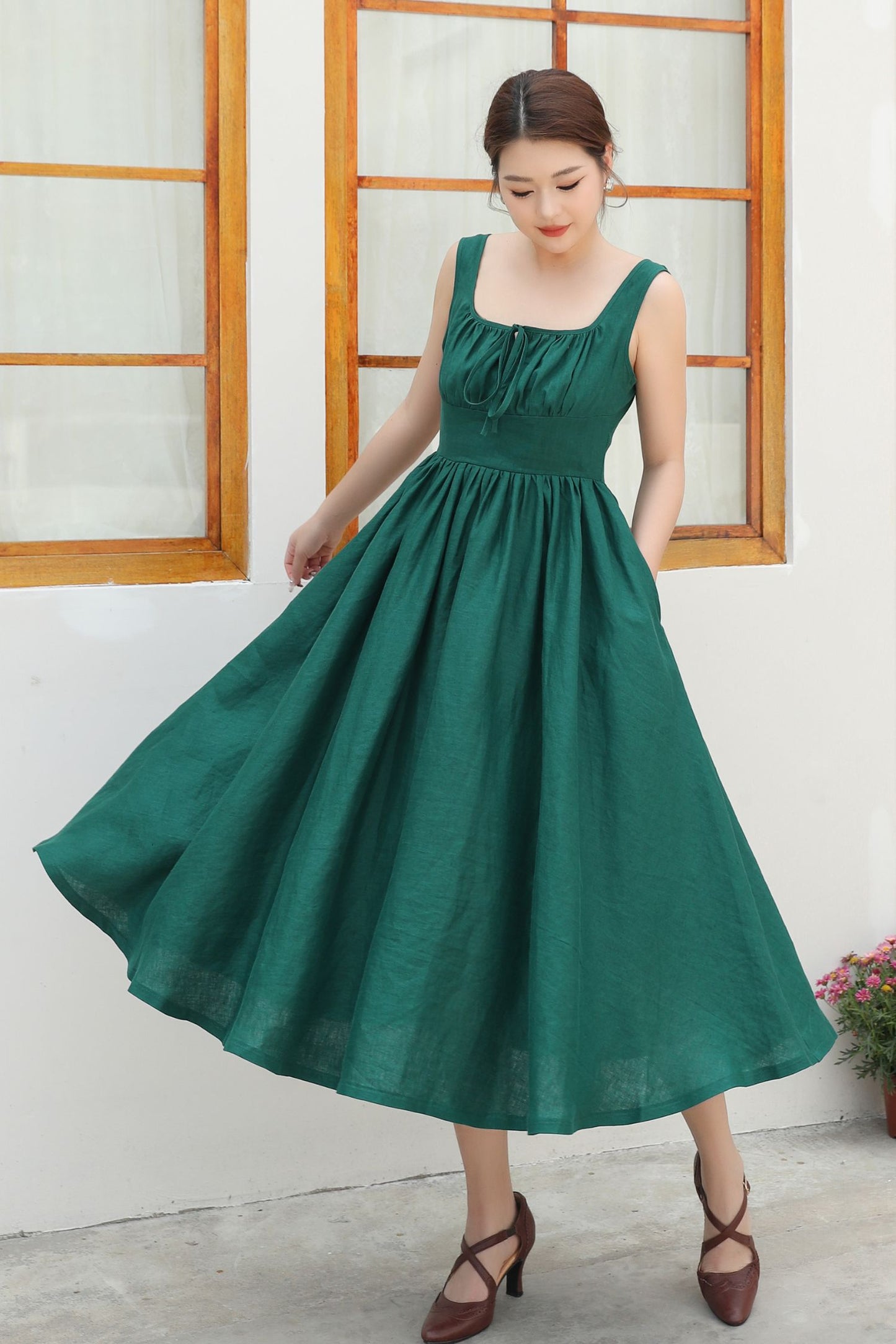 Flattering High-Waisted Green Linen Pinafore Dress c4838