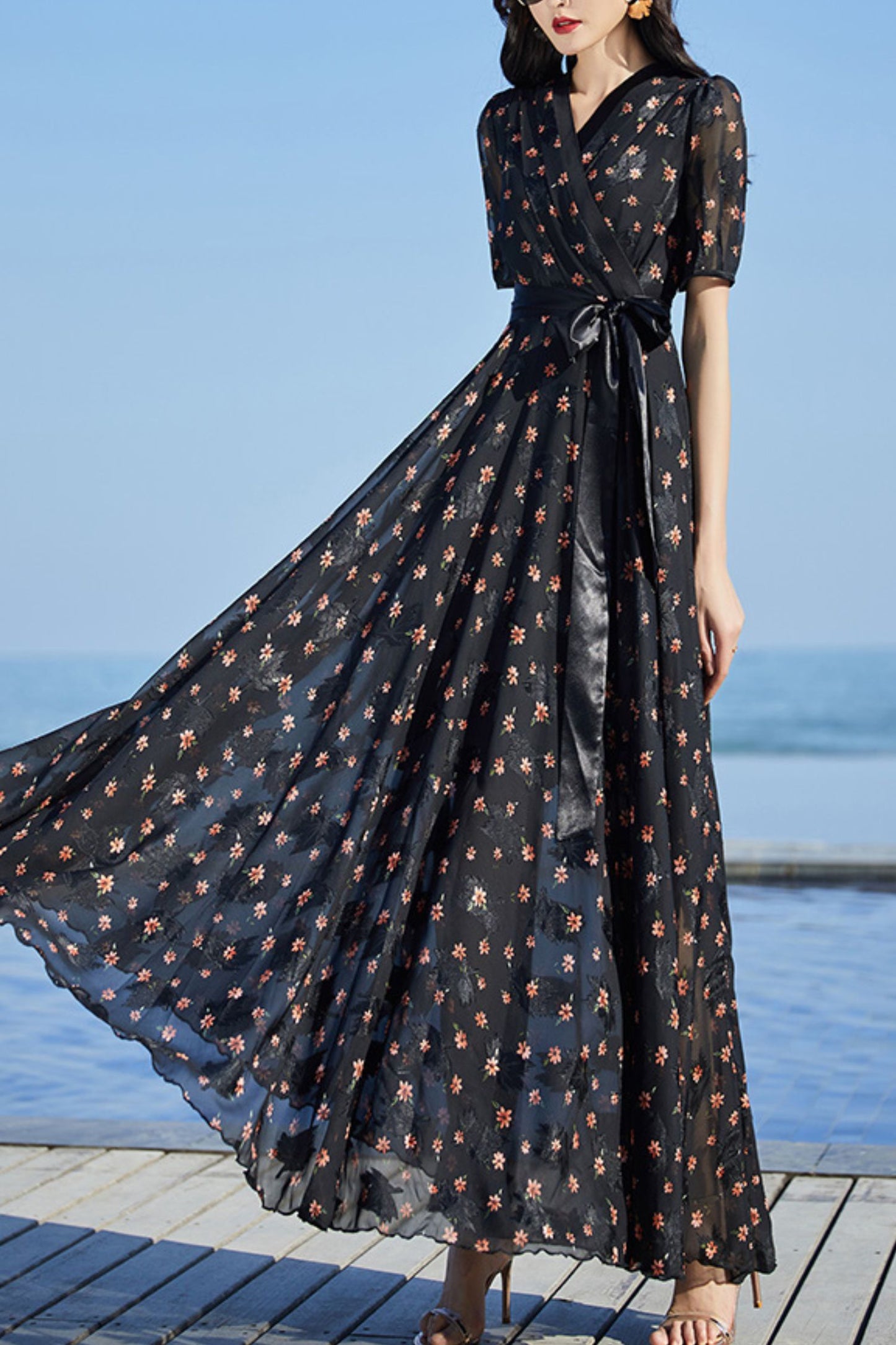 Black floral chiffon dress C4086