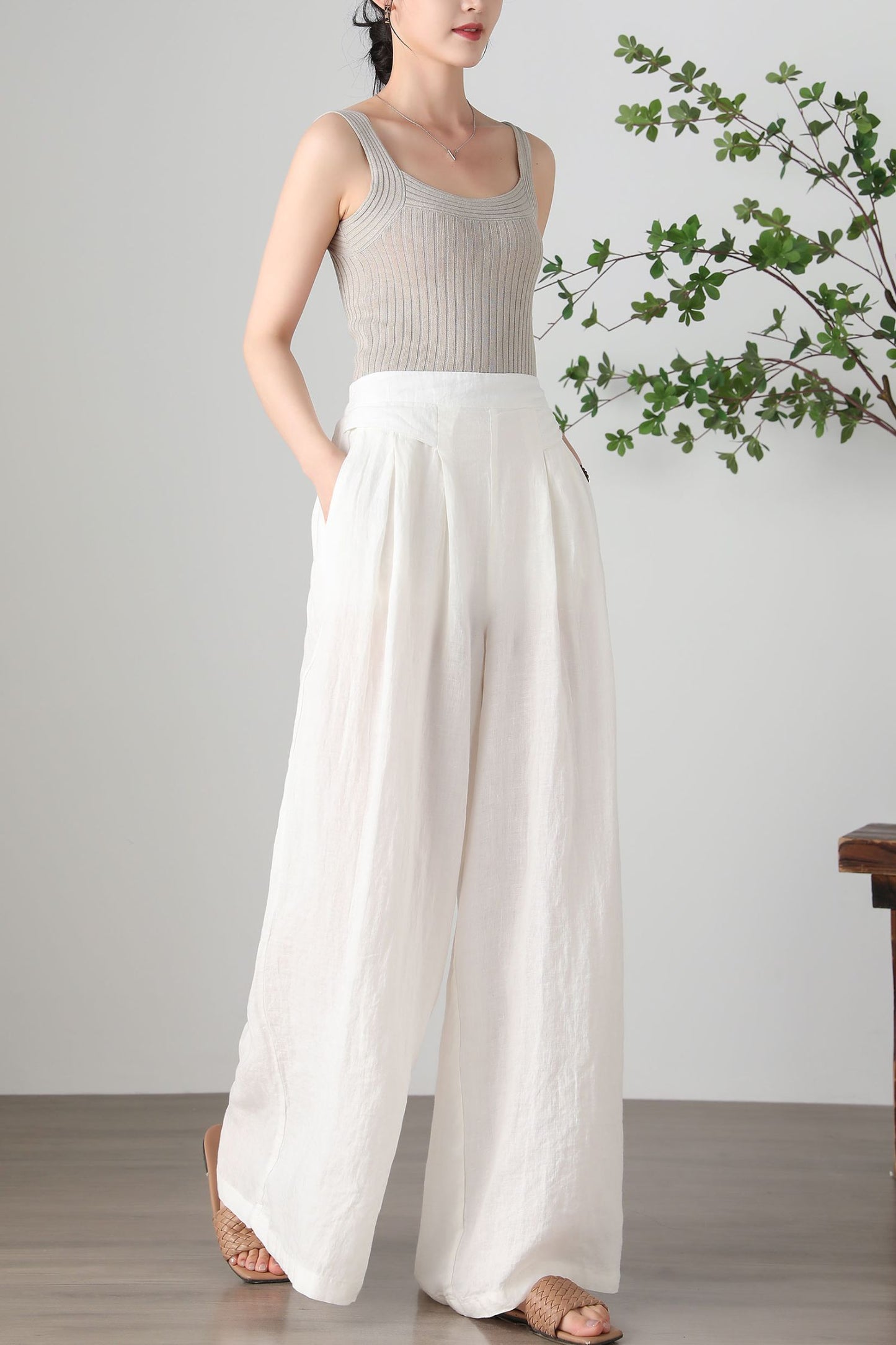 Women's Plus Size White Linen Pants C3257