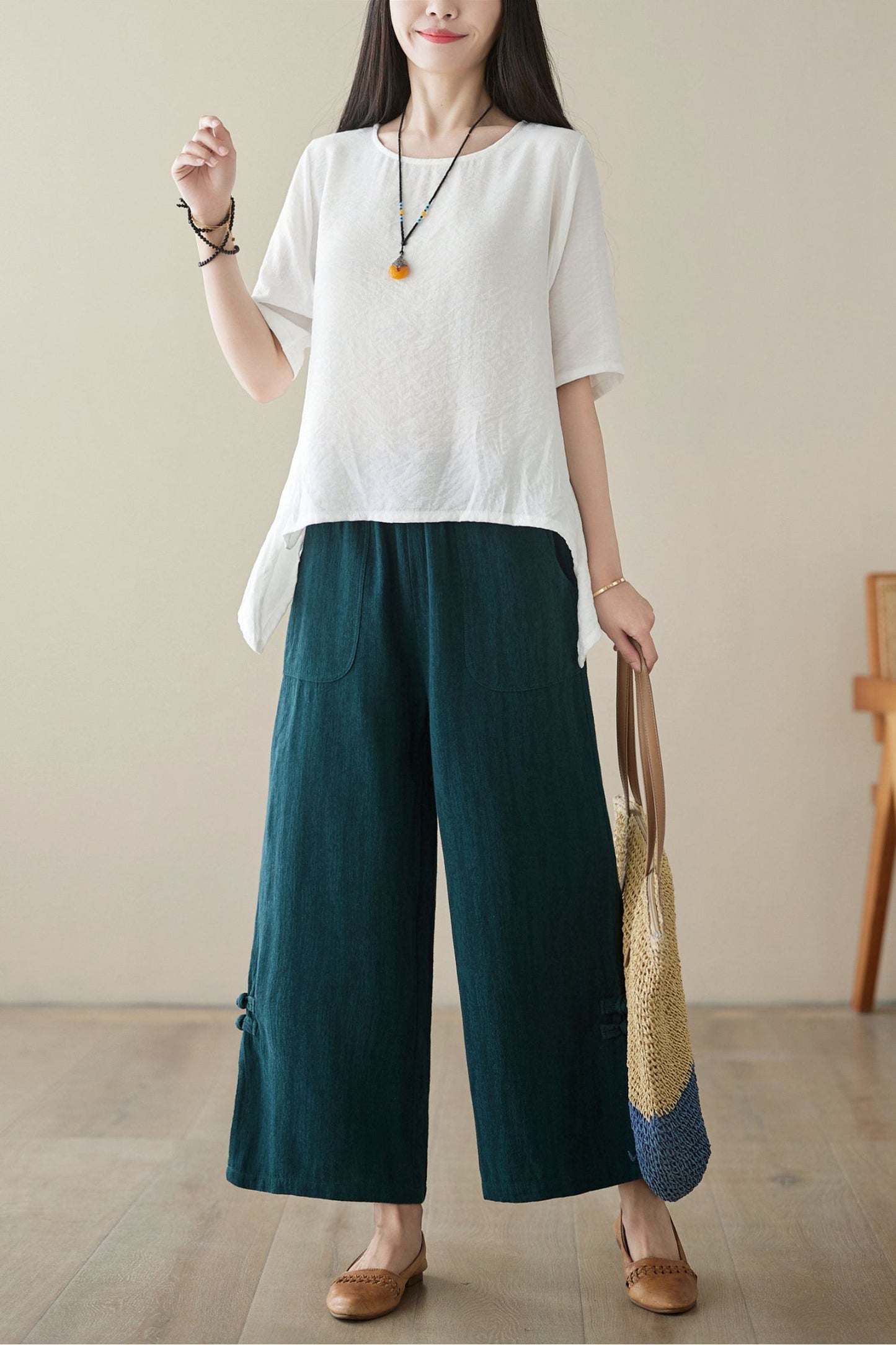 Light Green Linen Wide Leg Pants - Elastic Waist, Pockets C3958