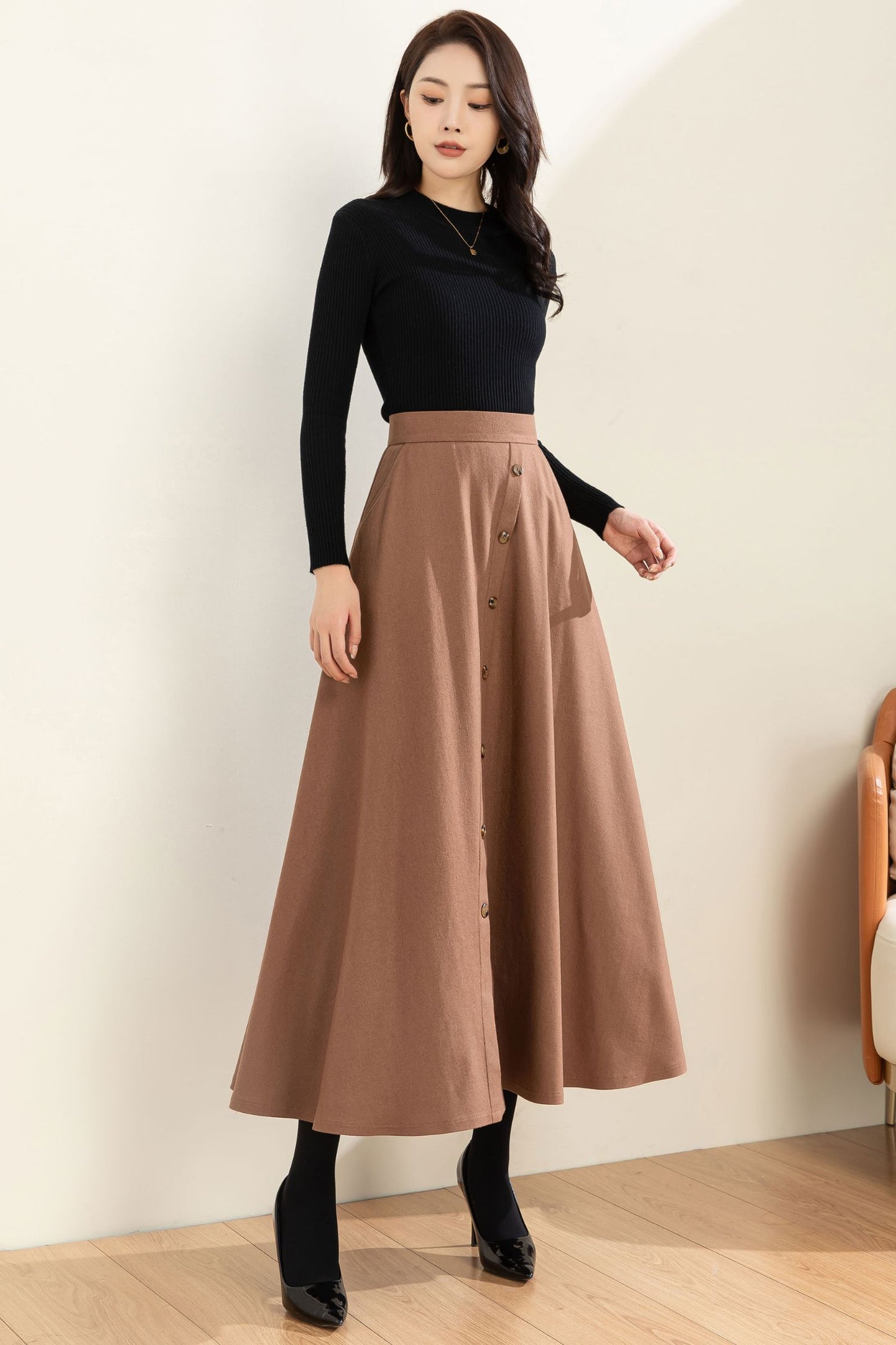 Midi Wool A Line Button Down Skirt C3602