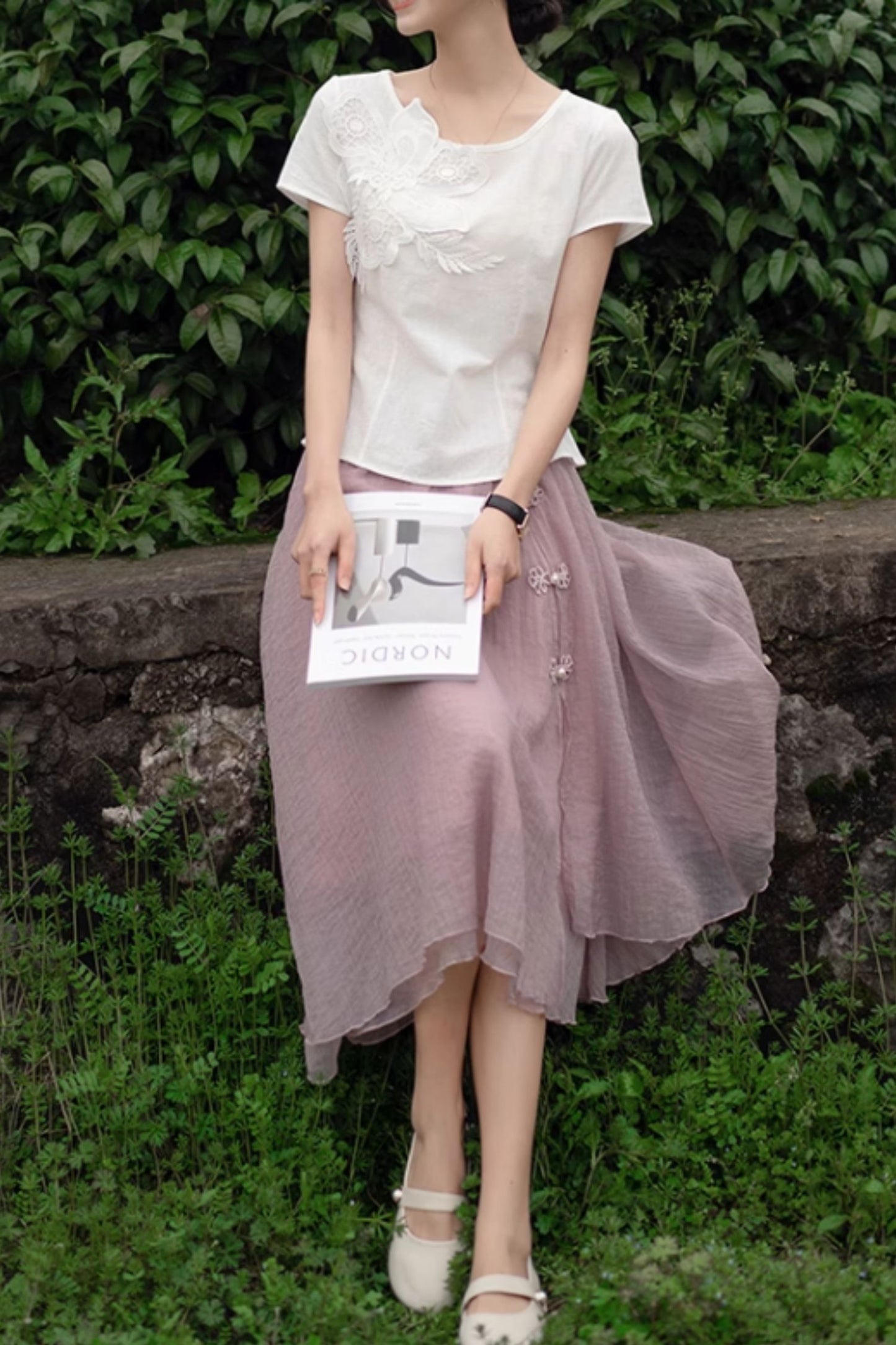 White prom linen top with flower C5049