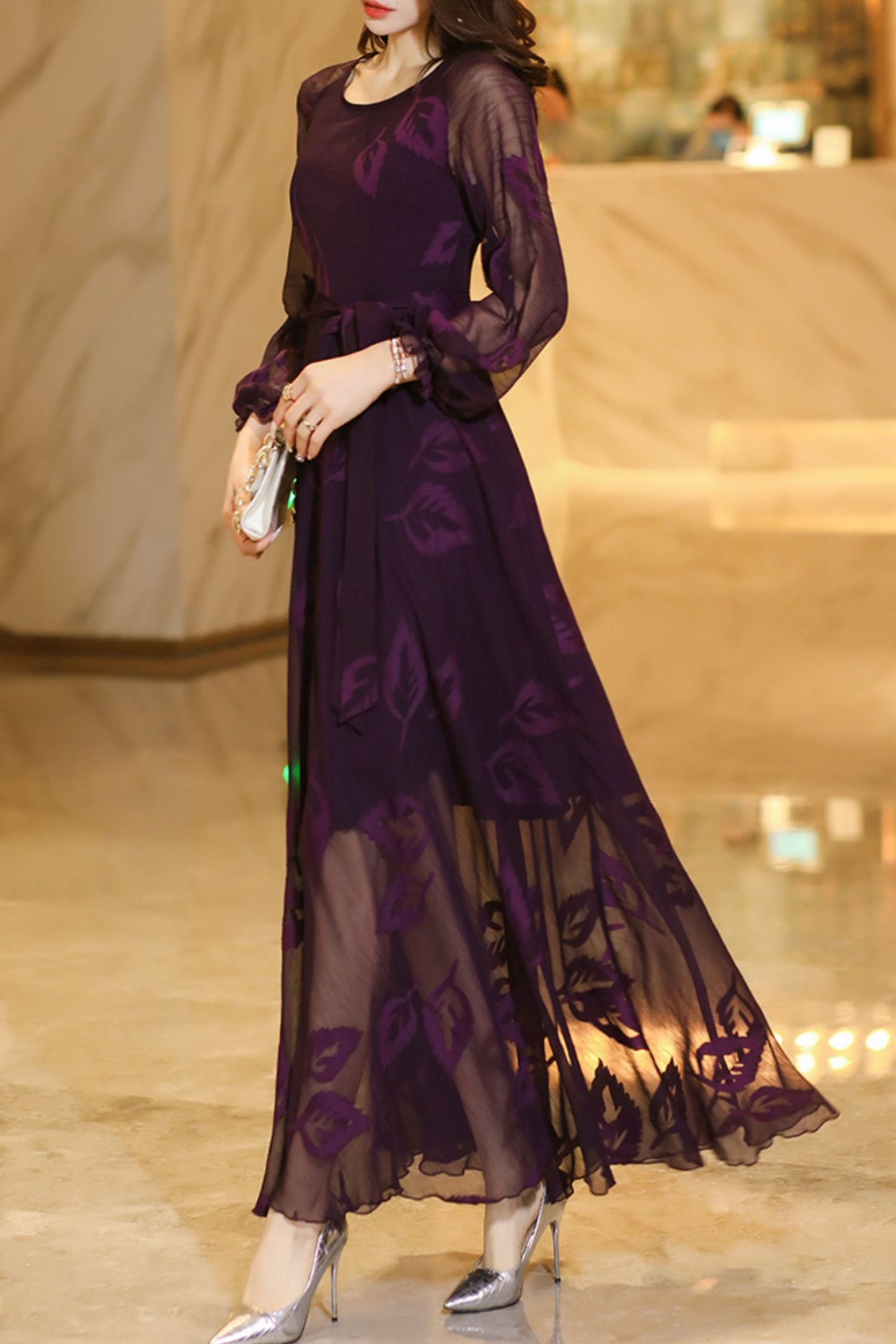 Summer Purple Long Sleeve Chiffon Dress C4110