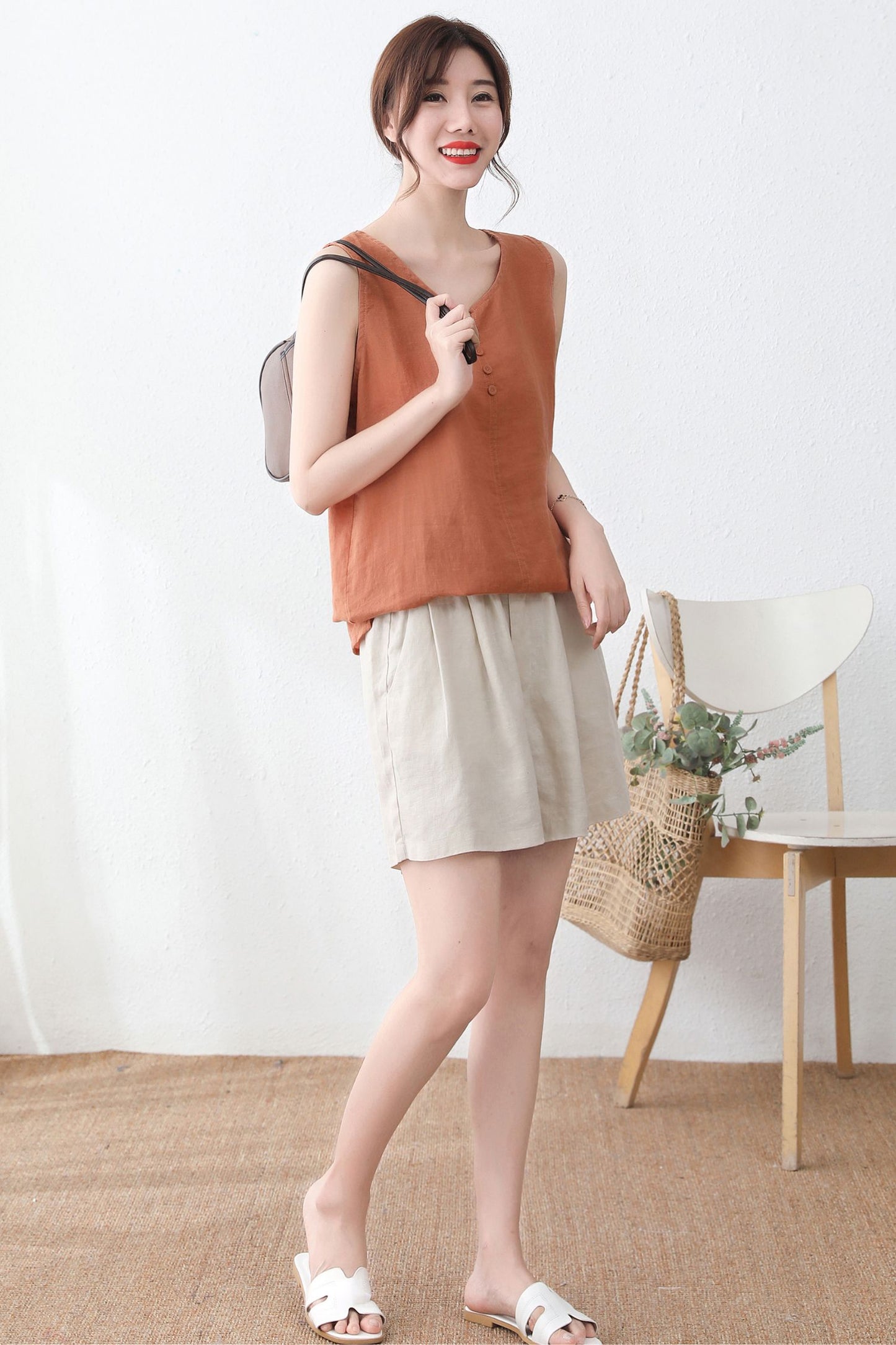 Sleeveless Summer organic linen Orange tops C2337