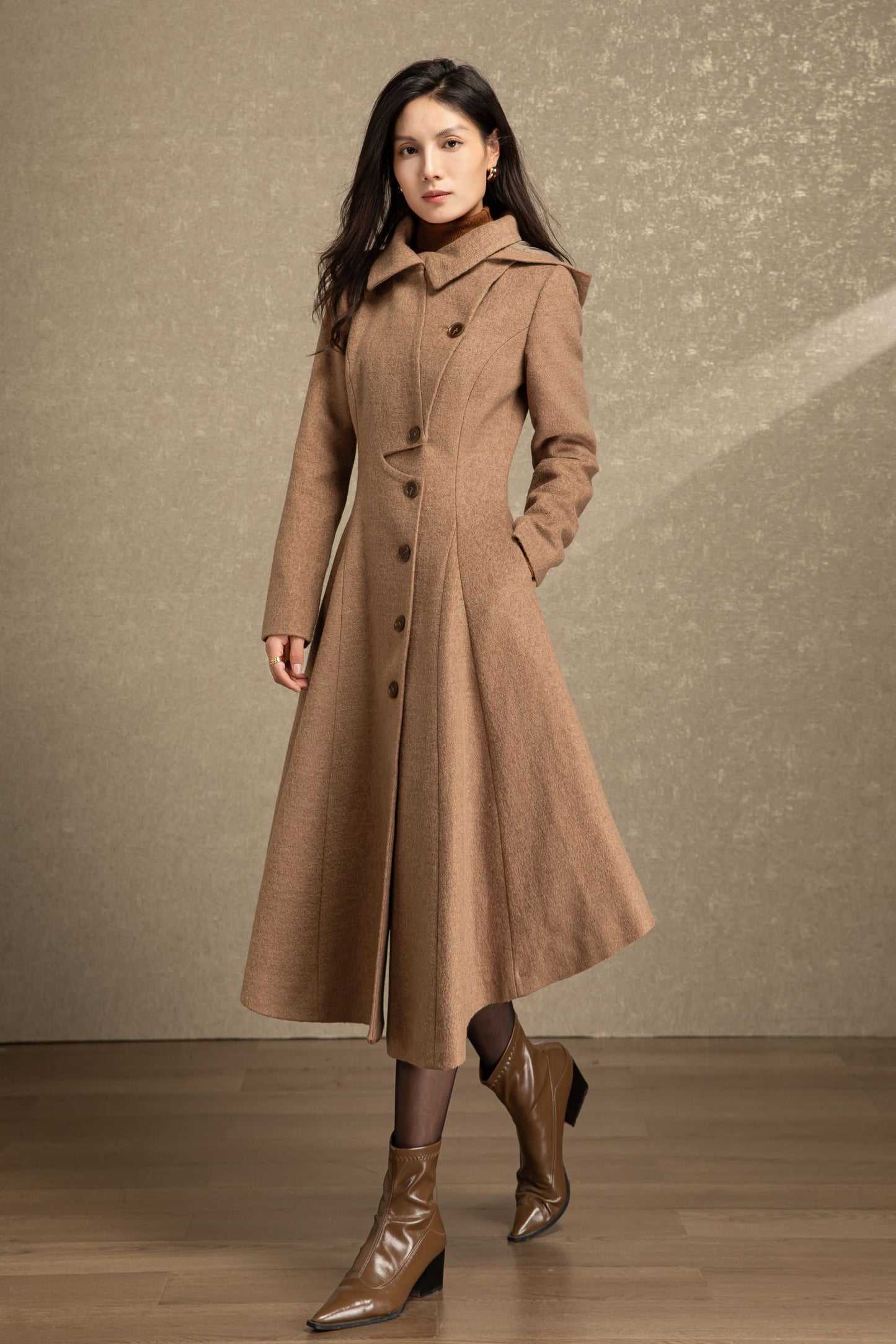 Handmade hooded maxi wool coat C4493