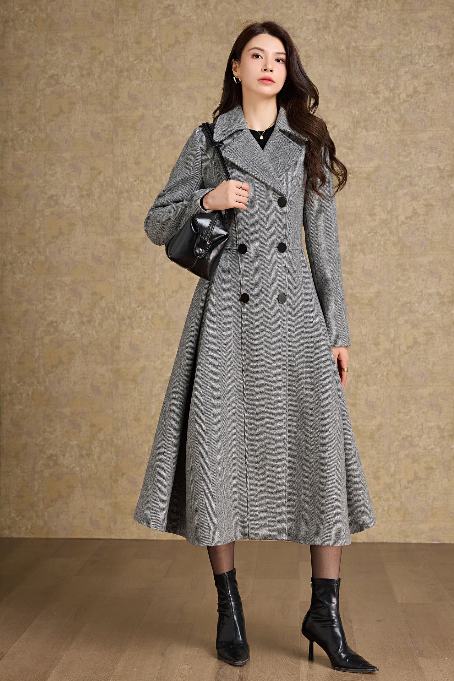Fit and flare long wool coat women C4477