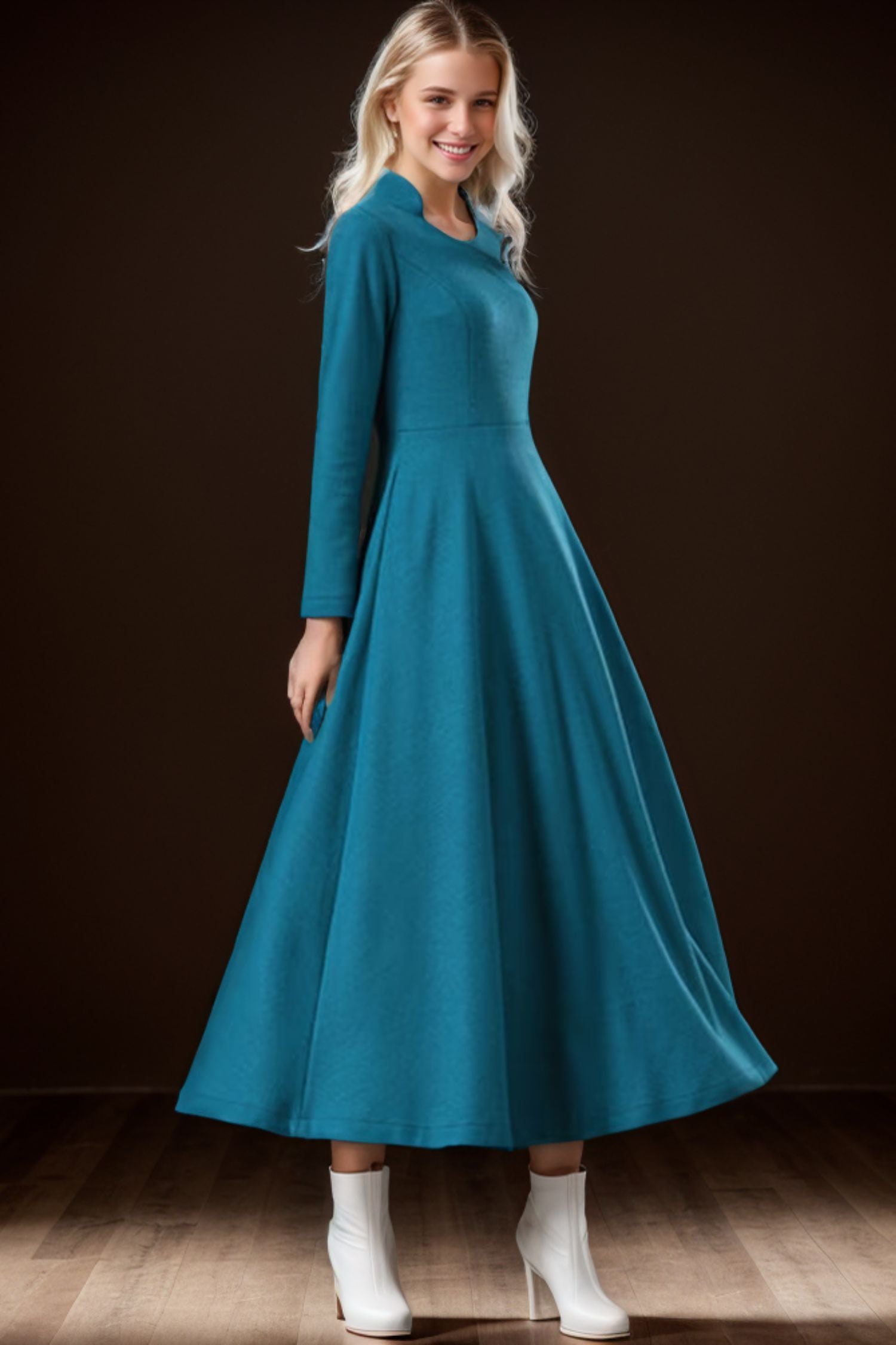 Womens Long sleeve winter wool blue A Line dress C4268 YLISTYLE Womens Long sleeve winter wool blue A Line dress C4268 YLISTYLE