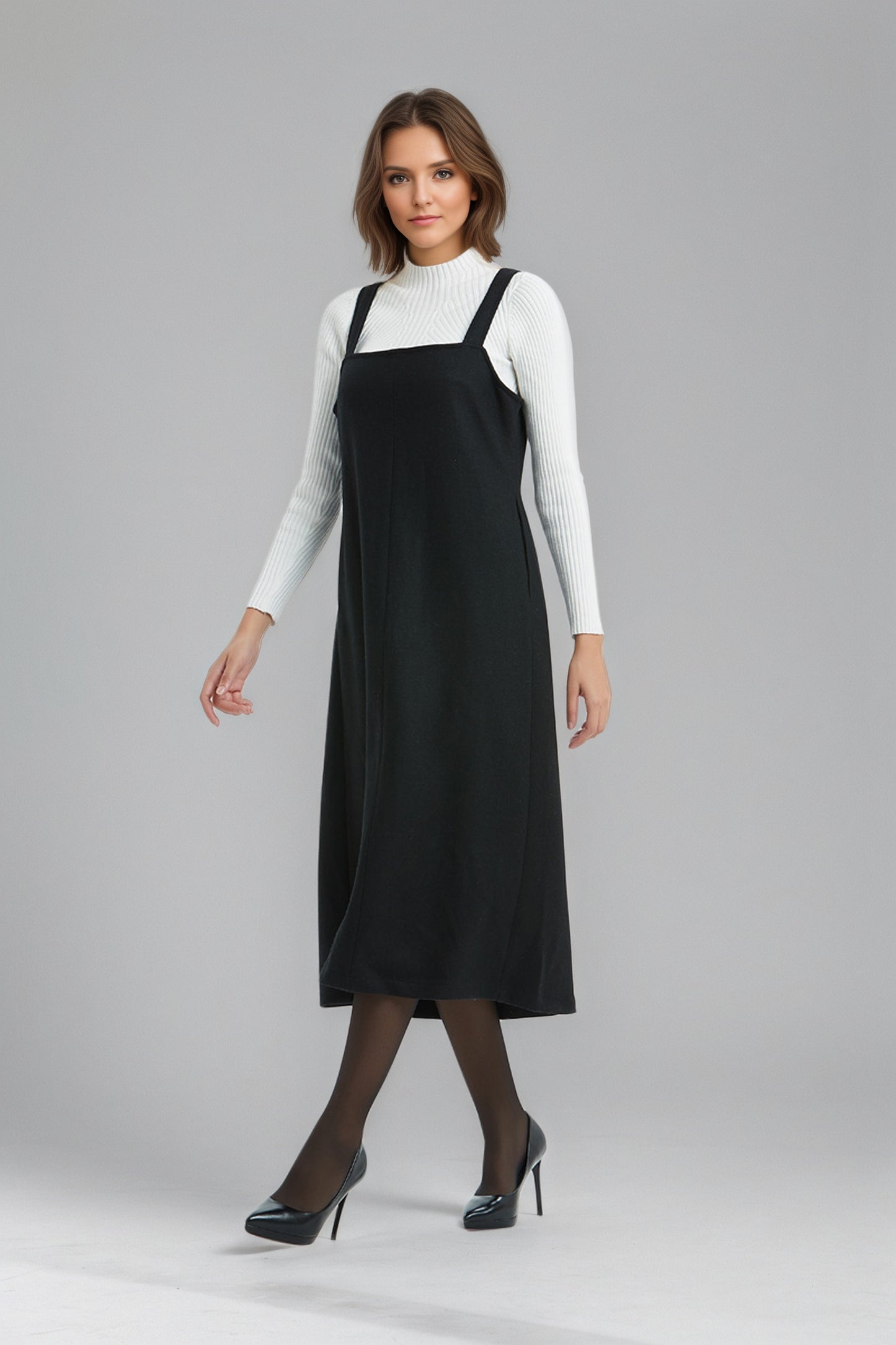 Long Sleeveless Black Wool Pinafore Dress C5141