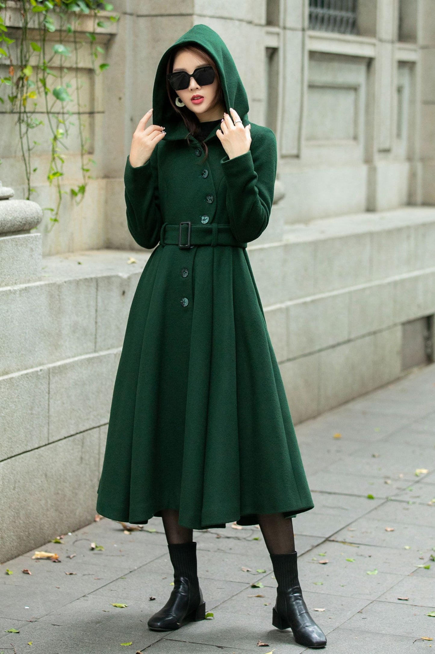 Swing green hooded wool coat C4503