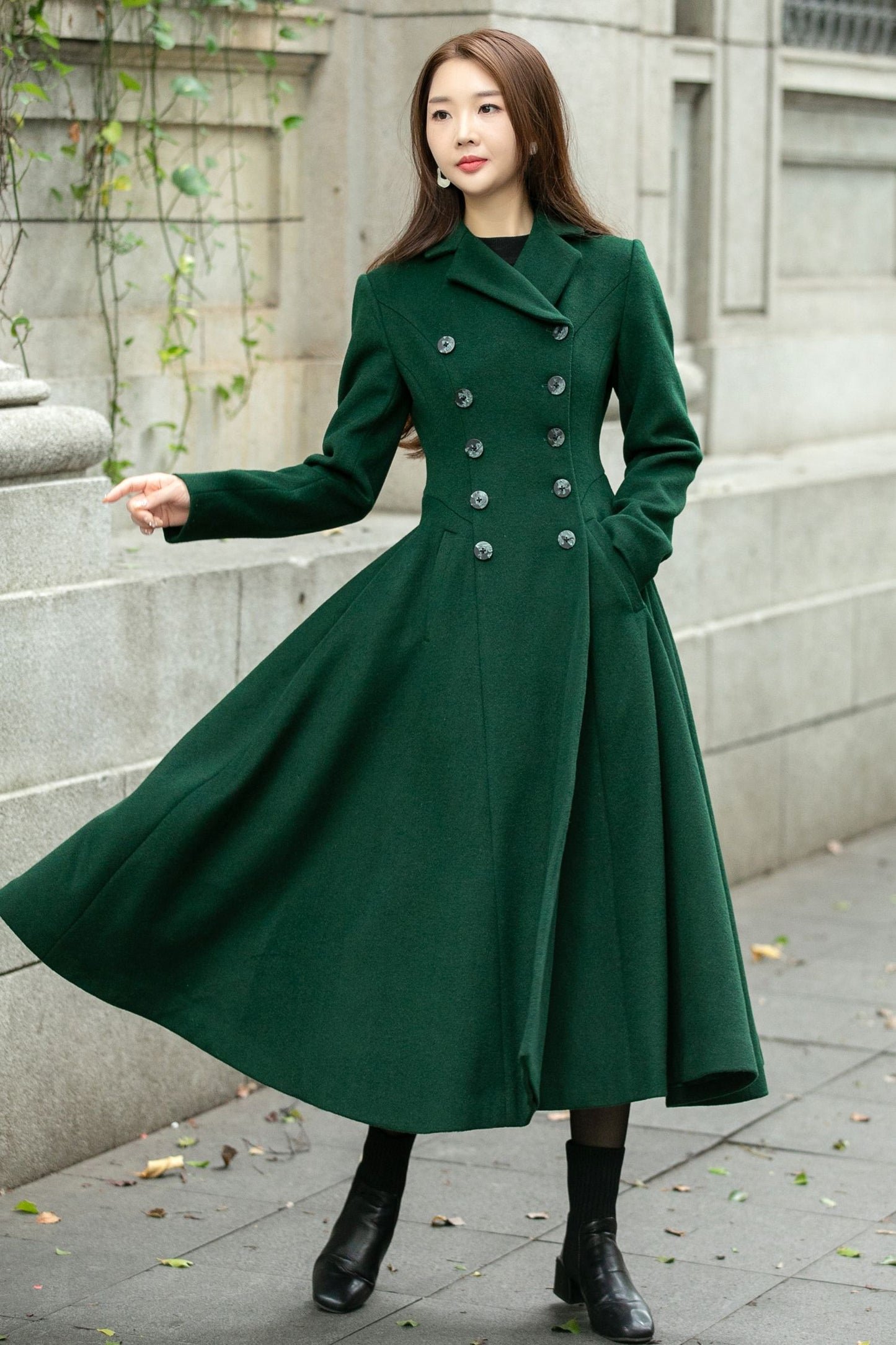 Warm green long trench wool coat C4501