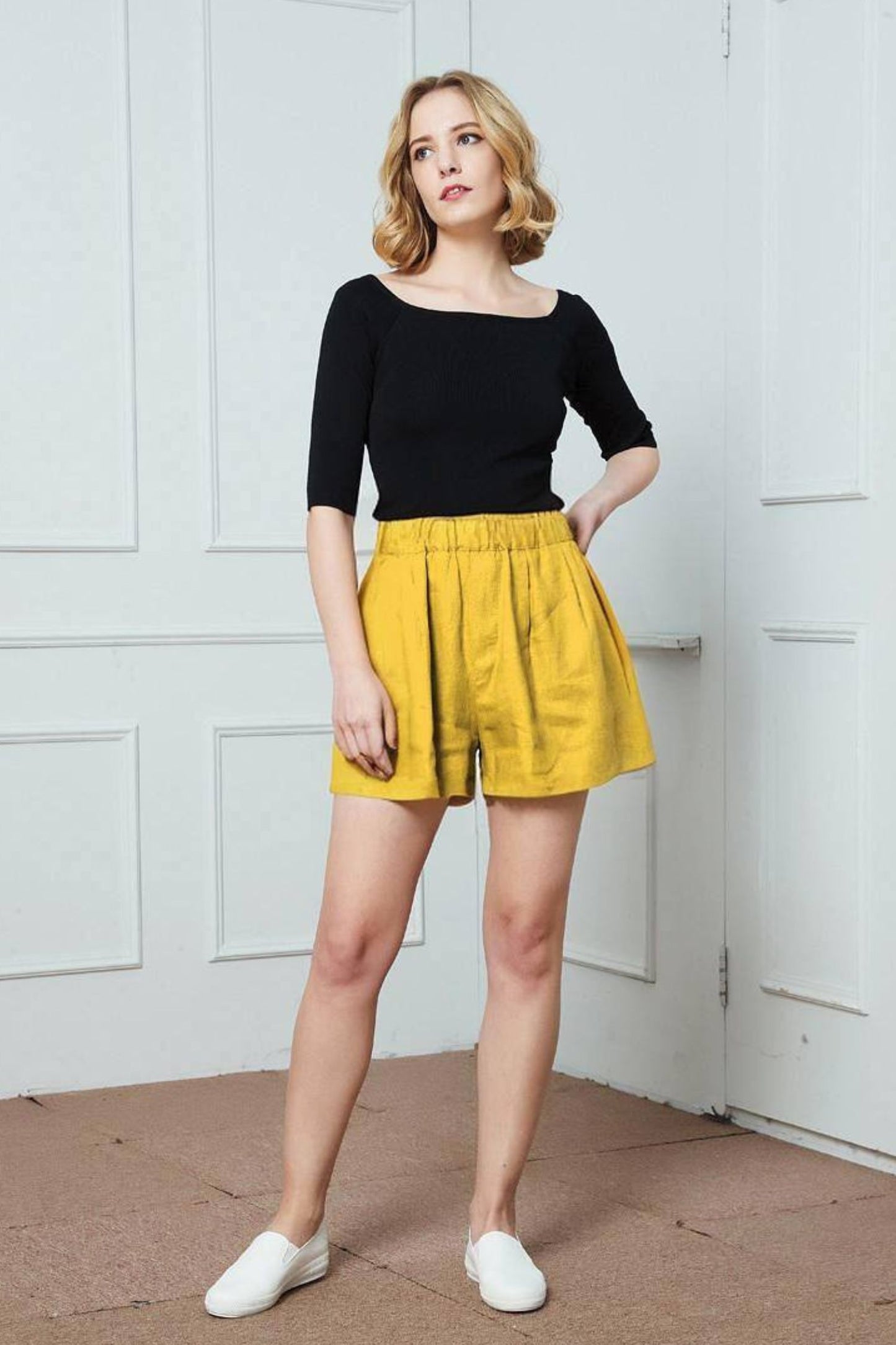 Women's Elastic waist summer linen short C4304