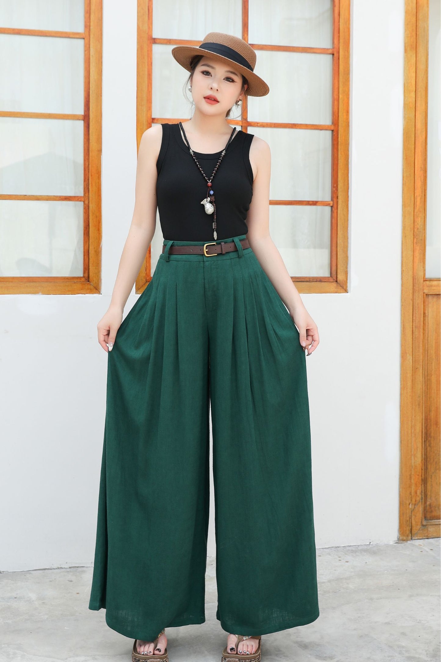 Wide leg green linen pants c4836