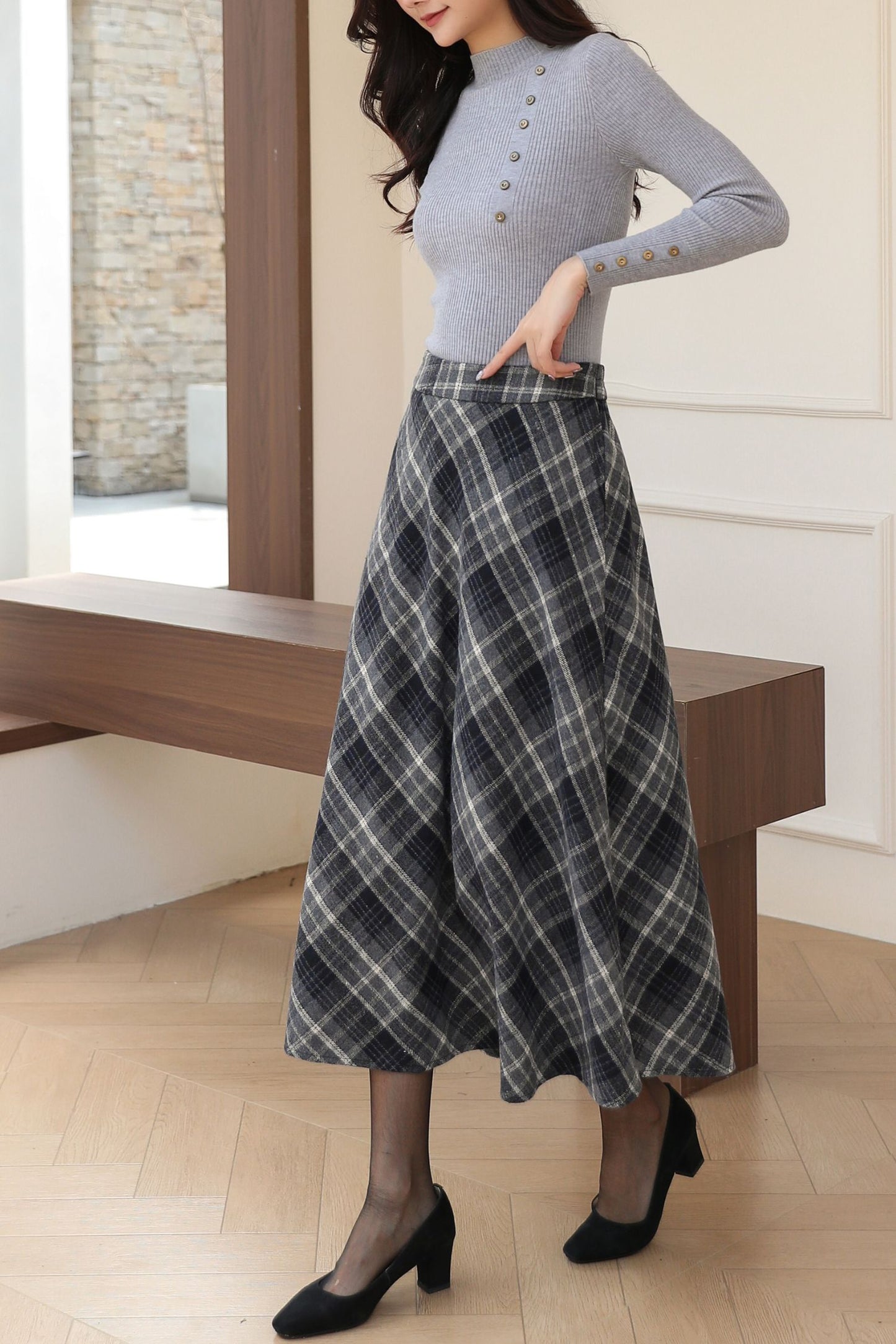Plus Size Midi Plaid Wool Skirt C5188