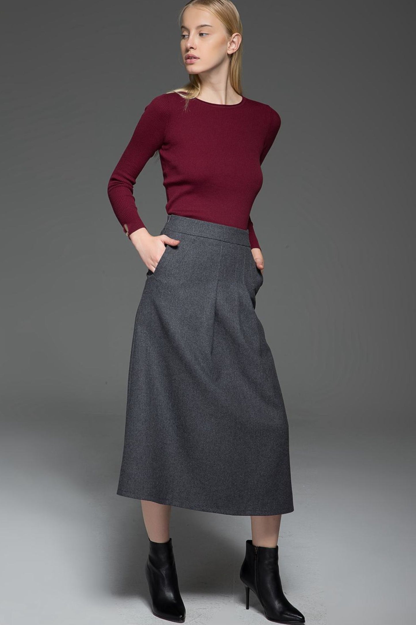 Pleated gray a line winter wool skirt C770