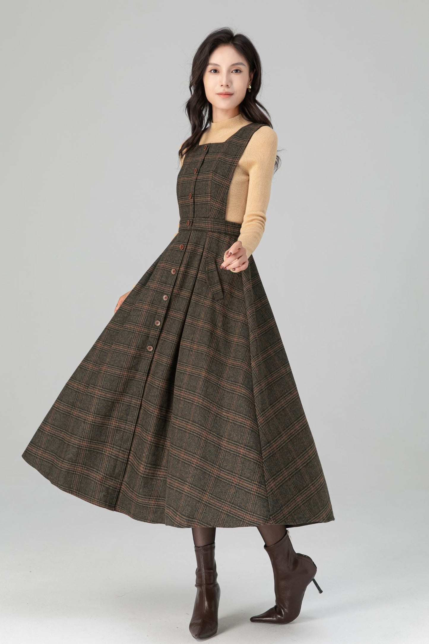 Classic Plaid A Line Apron Midi Wool Dress C5196