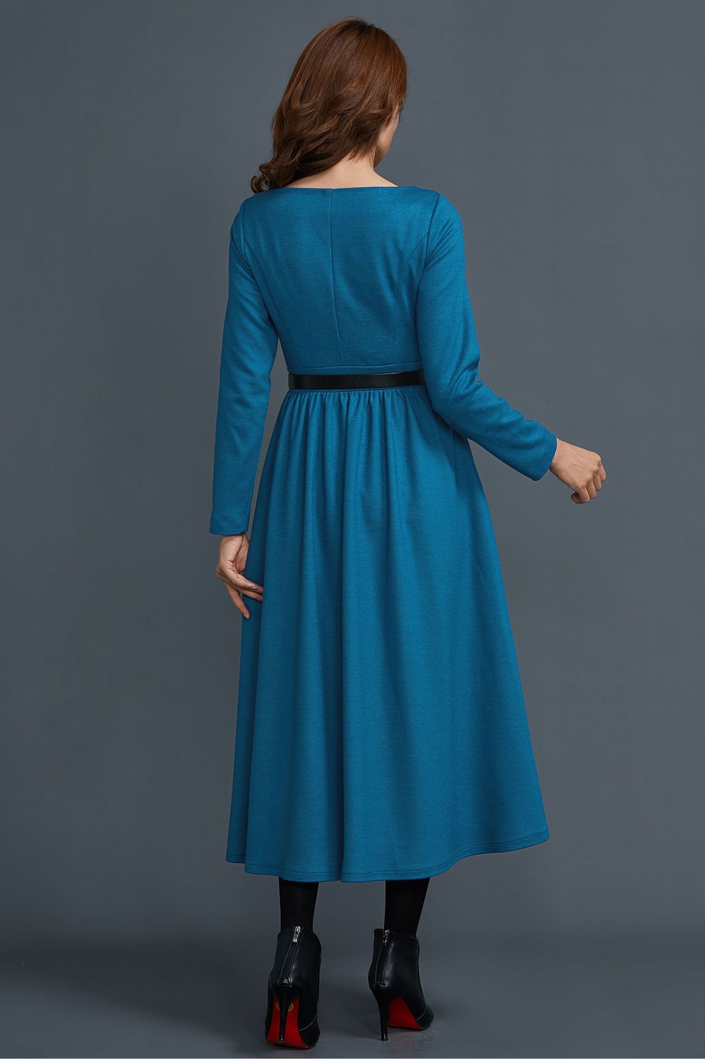 Long sleeves blue midi wool dress women C1654
