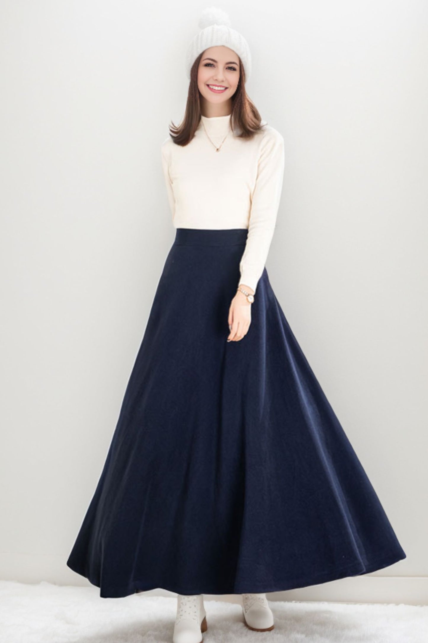 Long Wool A-Line Maxi Skirt With Pockets C4263