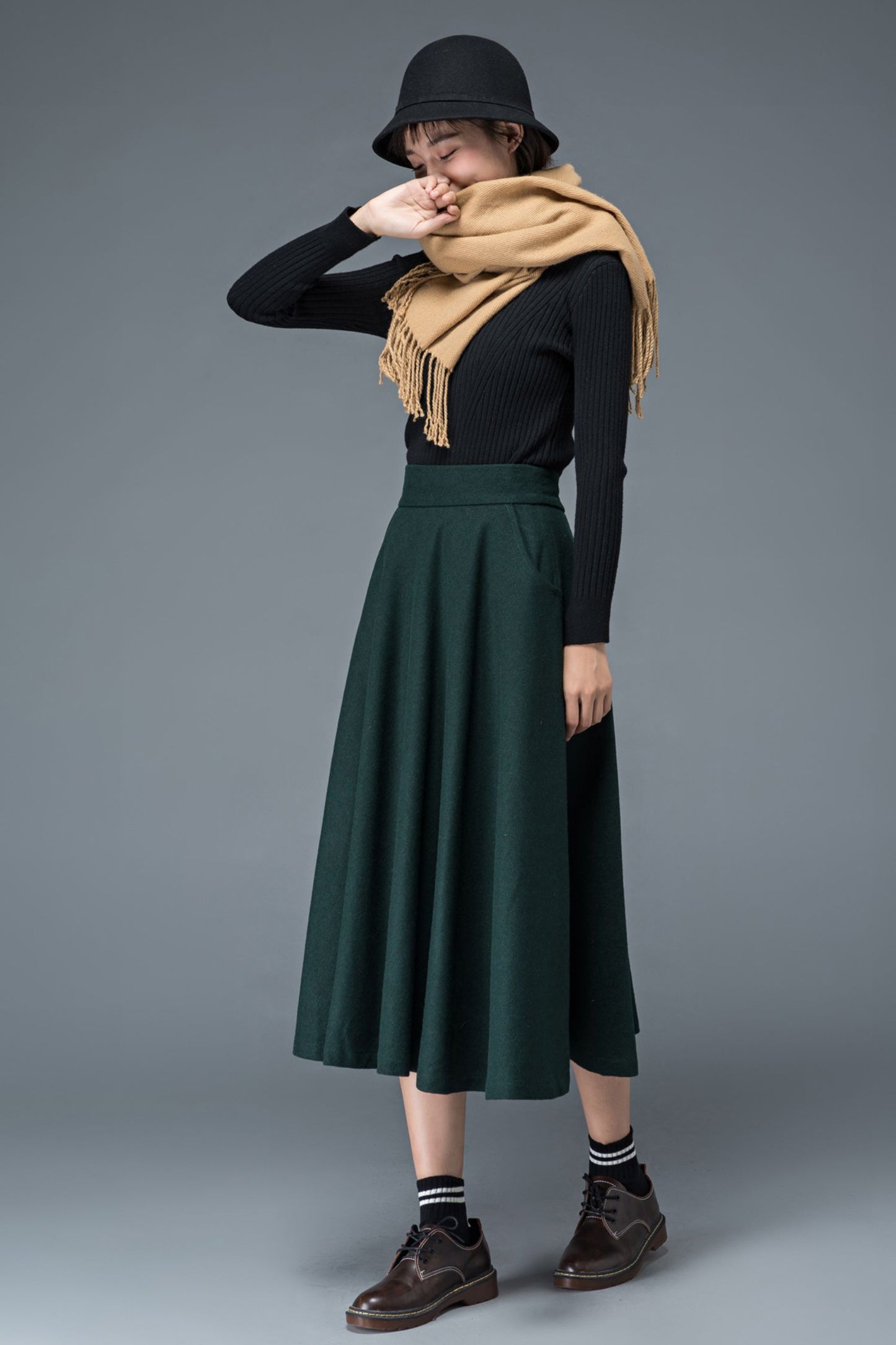 Green winter long wool skirt for women C1197