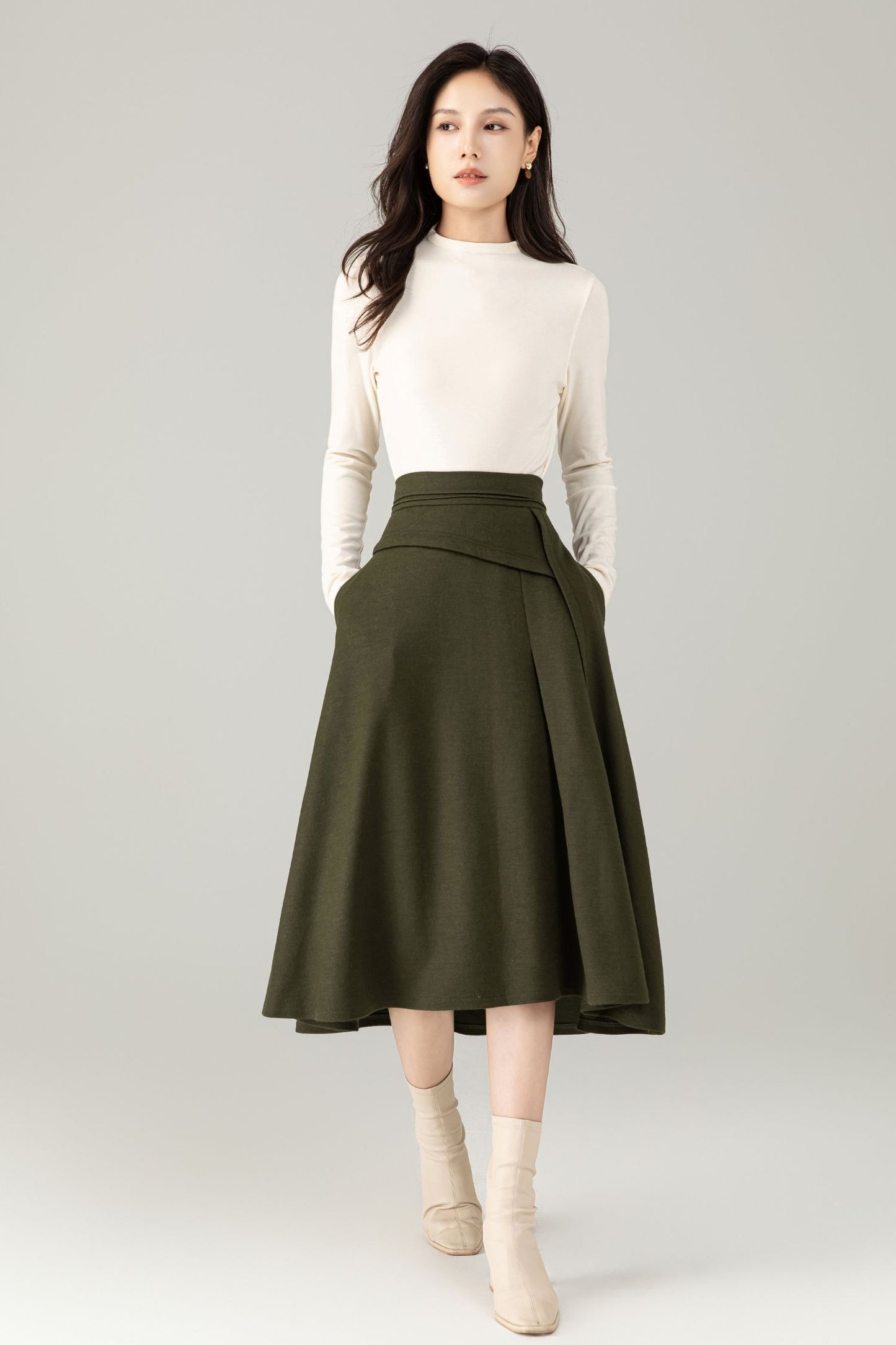 Green Wool Midi Skirt – A-Line Skirt with Pockets C5238
