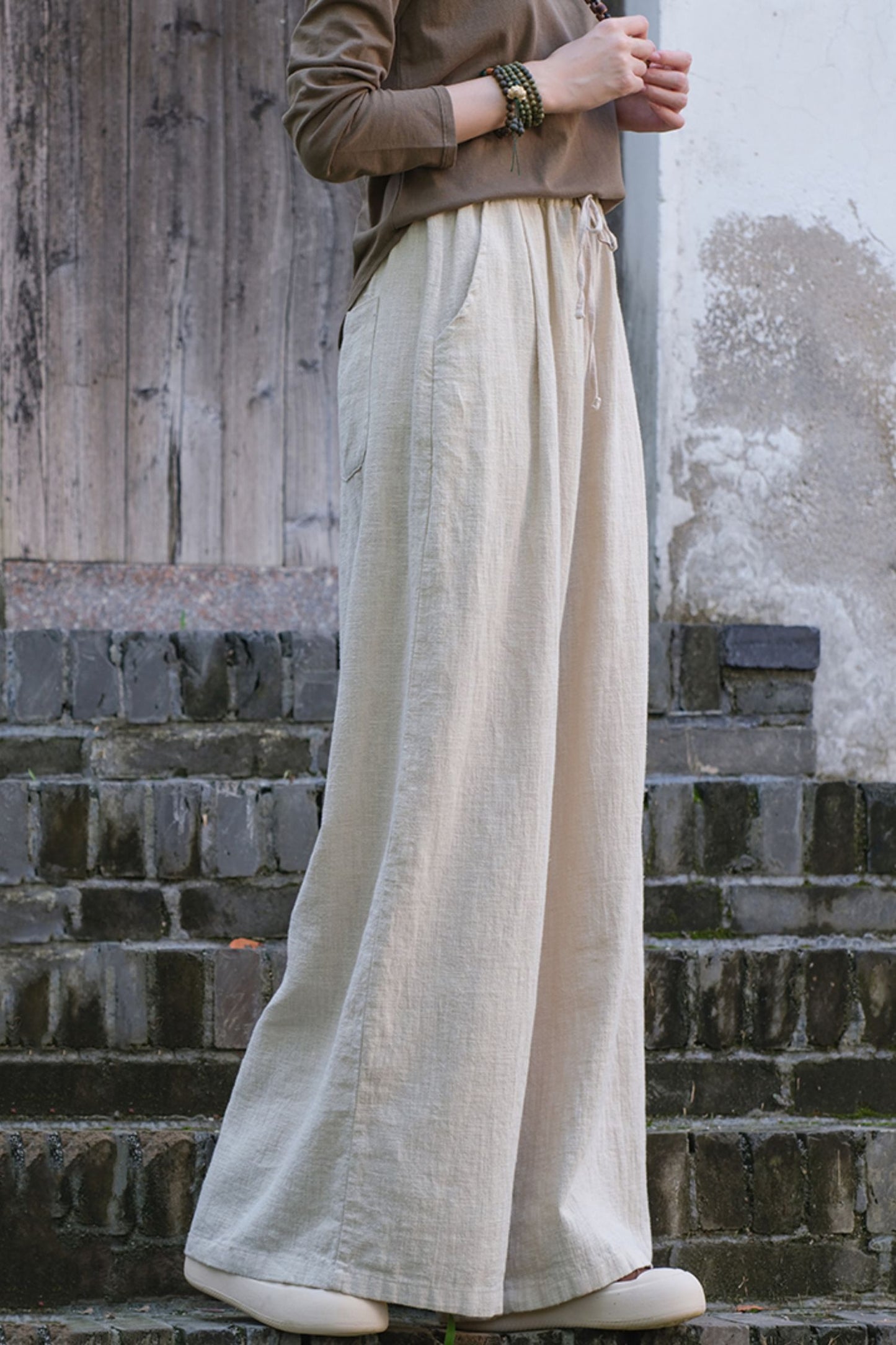 Elastic waist wide leg linen pants L0615