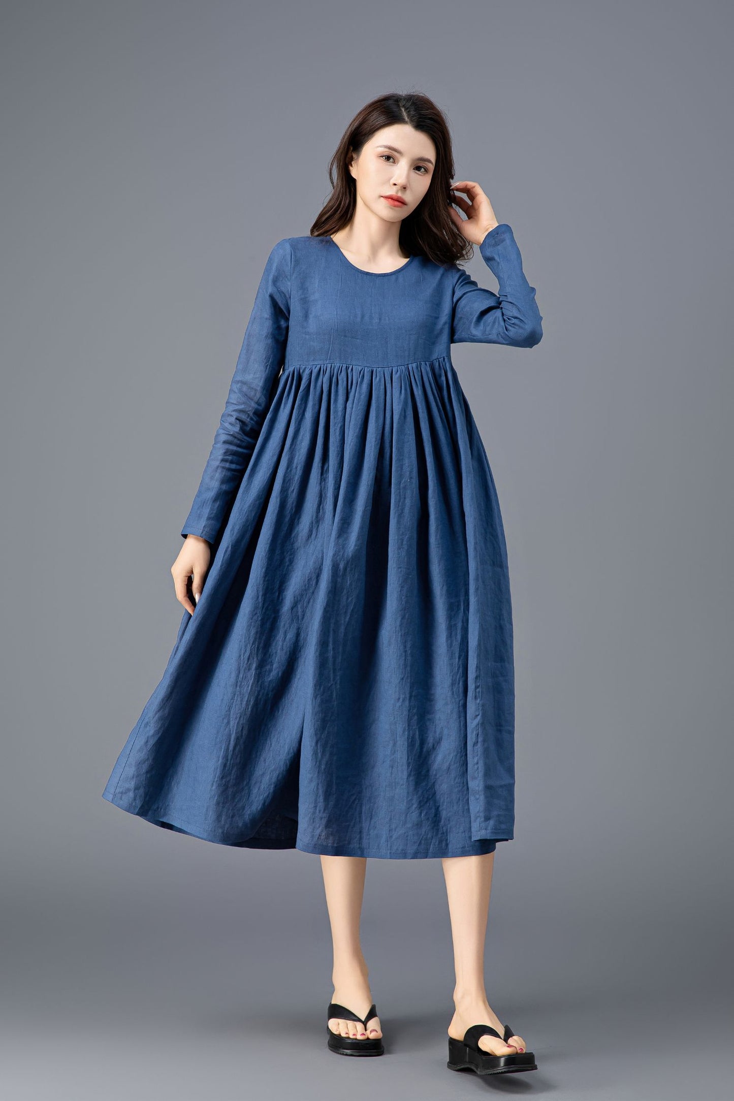 Long Sleeve Blue Linen Dress C3910