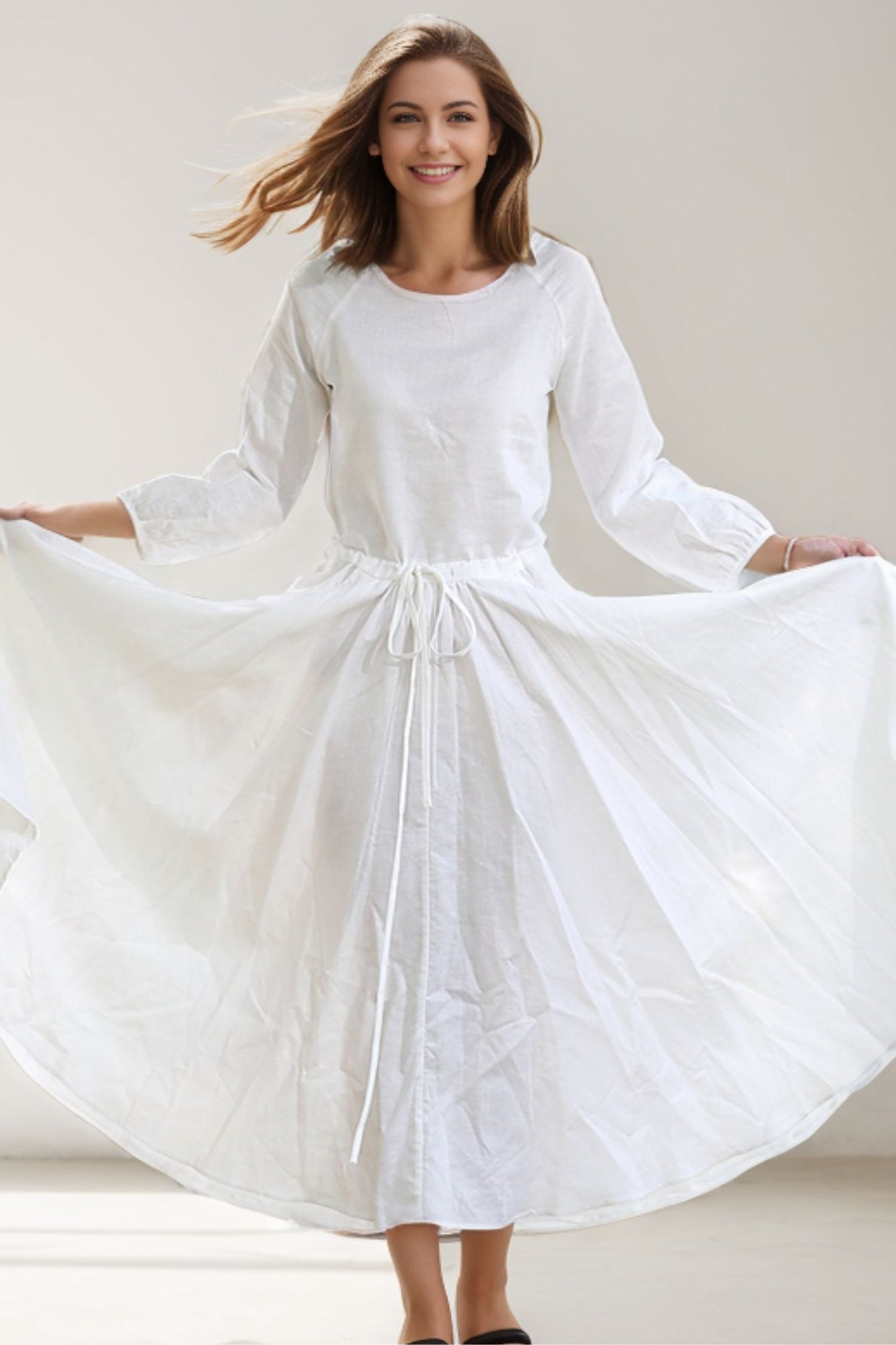 Drawstring Waist Long Sleeve White Dress C281