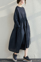 Load image into Gallery viewer, blue linen midi pleated spring casual dress with pockets C2782
