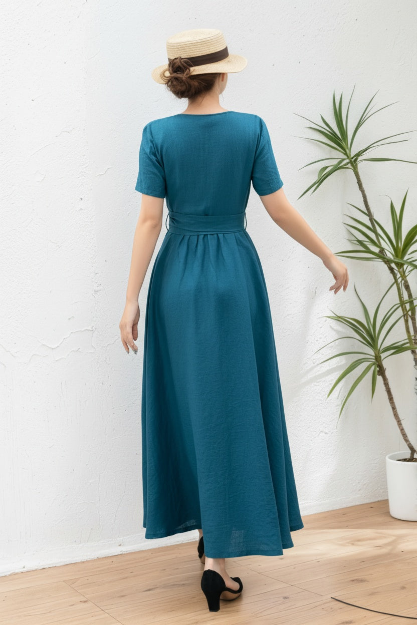 Womens long linen summer wrap dress C5365