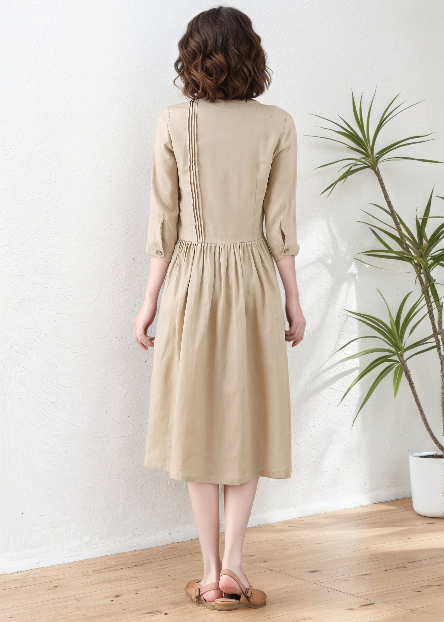 Khaki Women Asymmetrical Linen Maxi Dress C5417