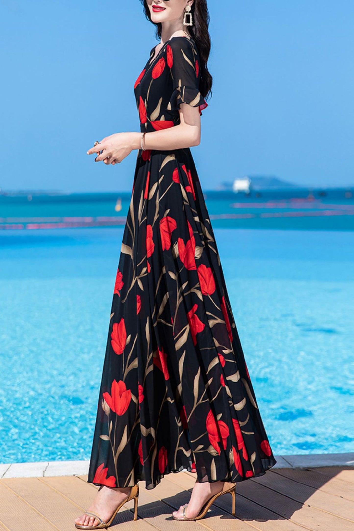Floor-length summer new French long chiffon dress women C4031