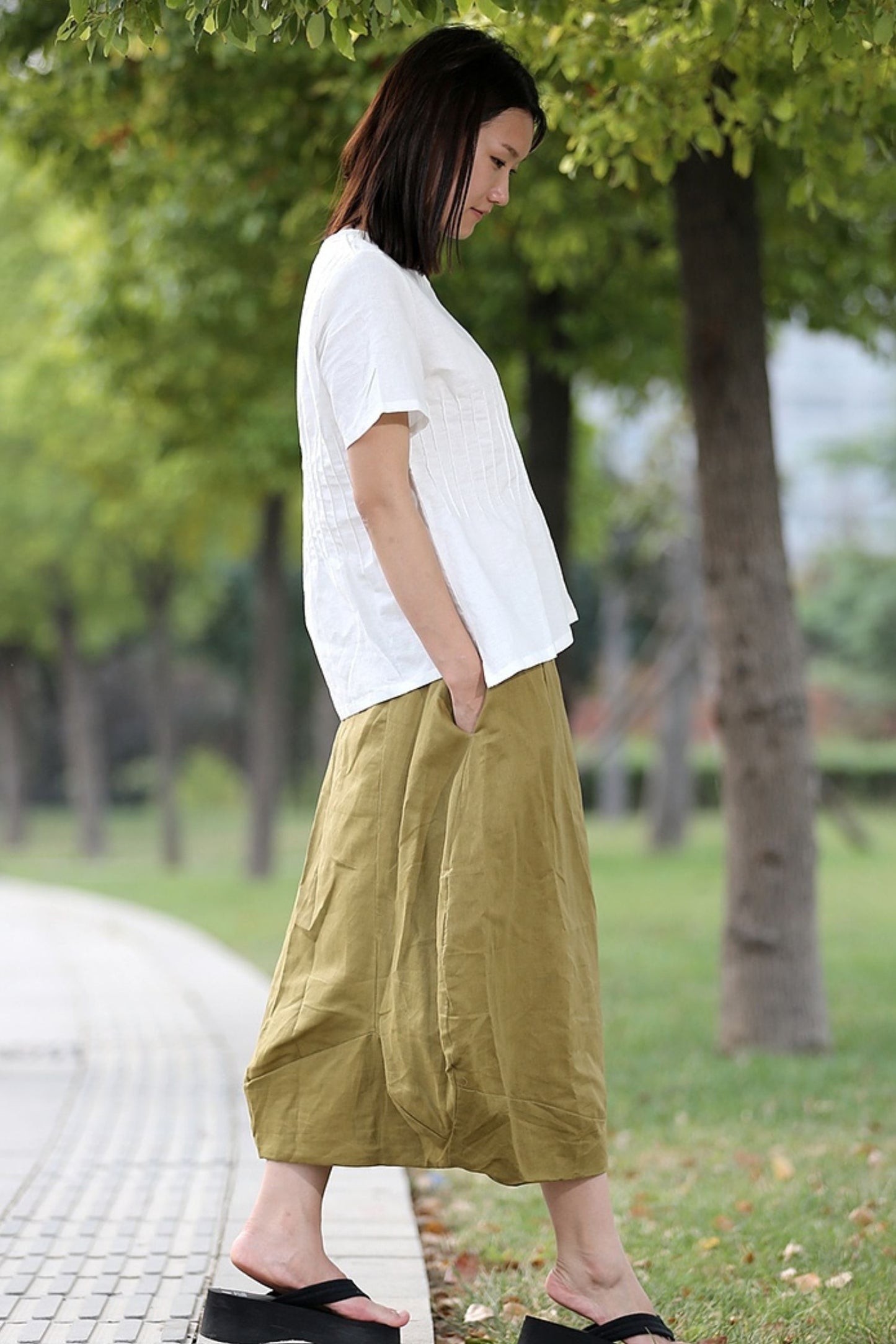 Linen Maxi Skirt - Flower Bud Shape Romantic Feminine Trending Womens Skirt C287