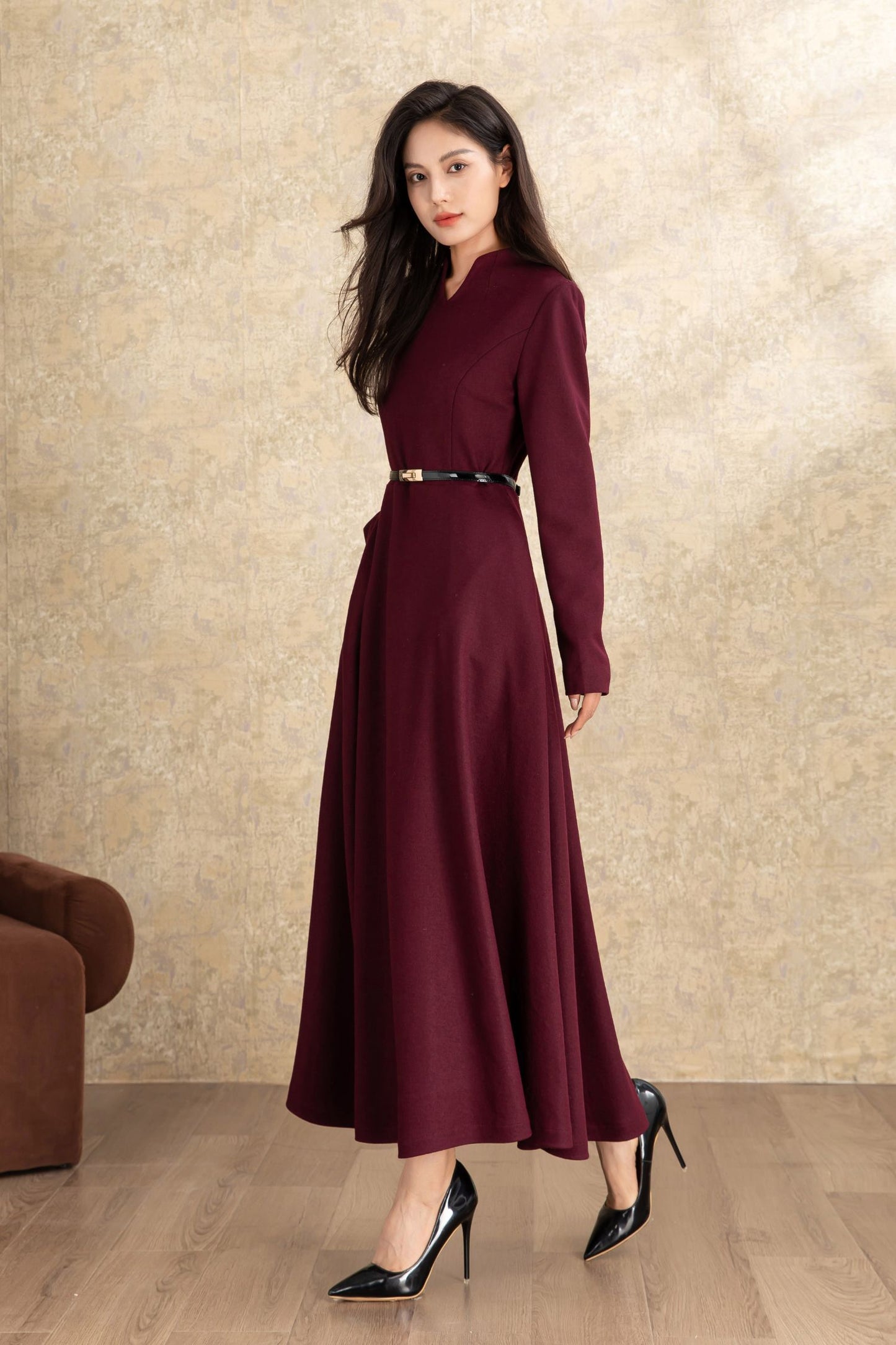 Burgundy winter long wool dress women C4463